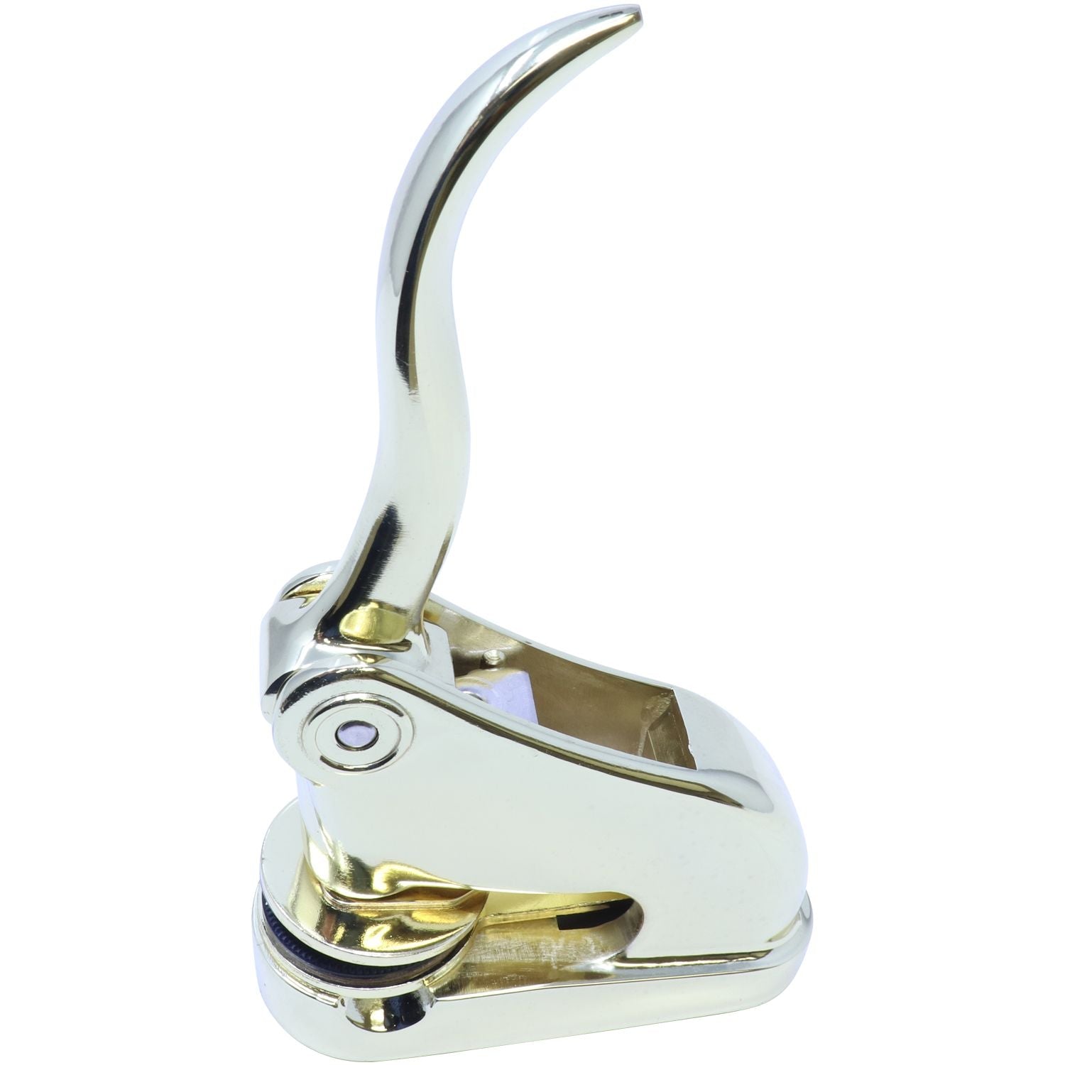 Gold Gift Notary Seal Embosser with a sleek, polished finish, angled left side view, showcasing its elegant design and sturdy construction.