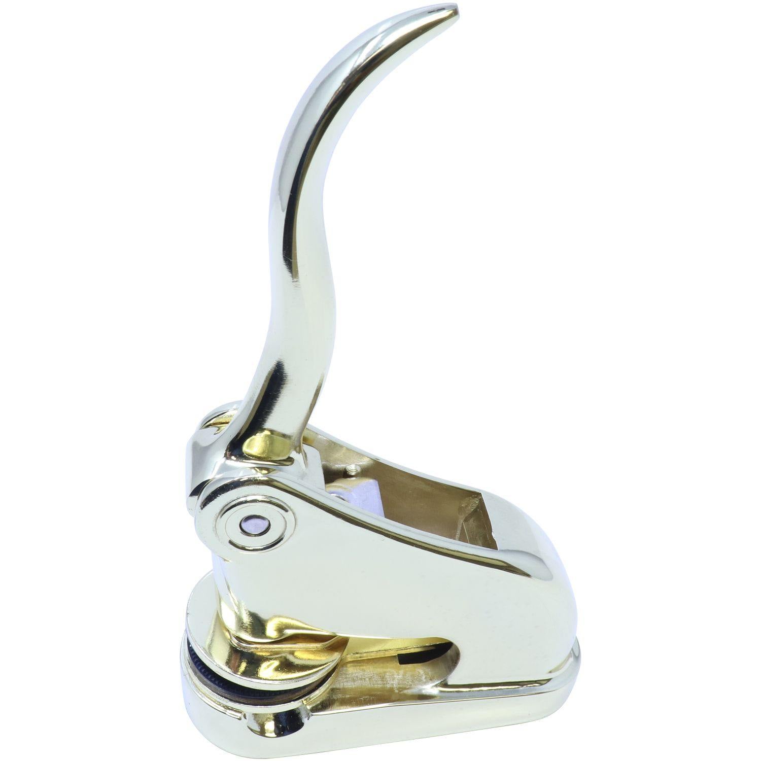 Public Weighmaster Gold Gift Seal Embosser with a sleek, shiny gold finish, angled left side view, showing the handle and embossing mechanism.