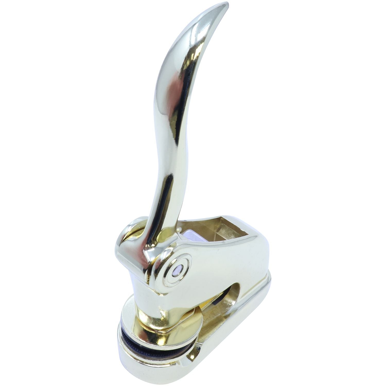 Gold Gift Notary Seal Embosser with a sleek, polished finish, angled left side view, showcasing its elegant design and sturdy construction.