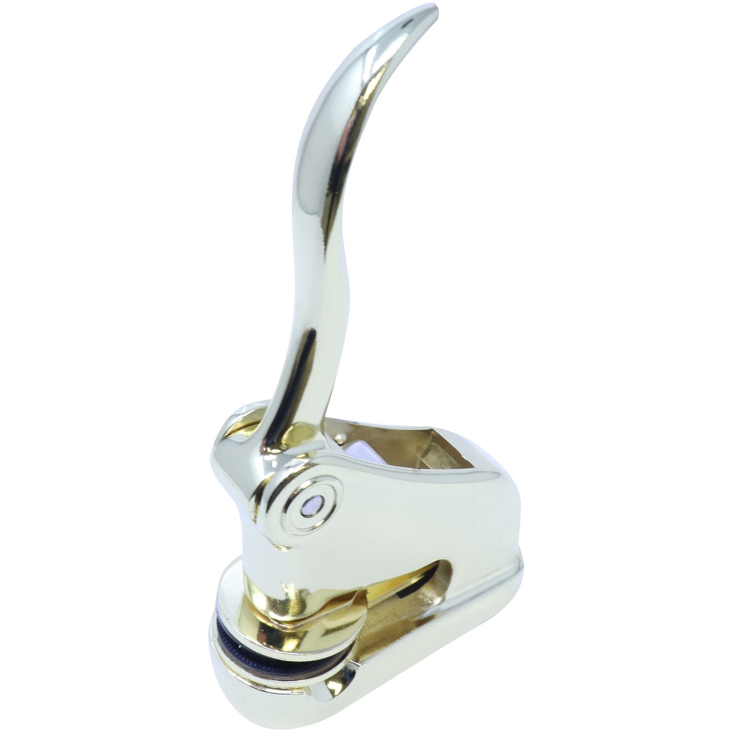 Gold Gift Notary Seal Embosser with a sleek, shiny finish, angled side view showing the lever and imprint mechanism.