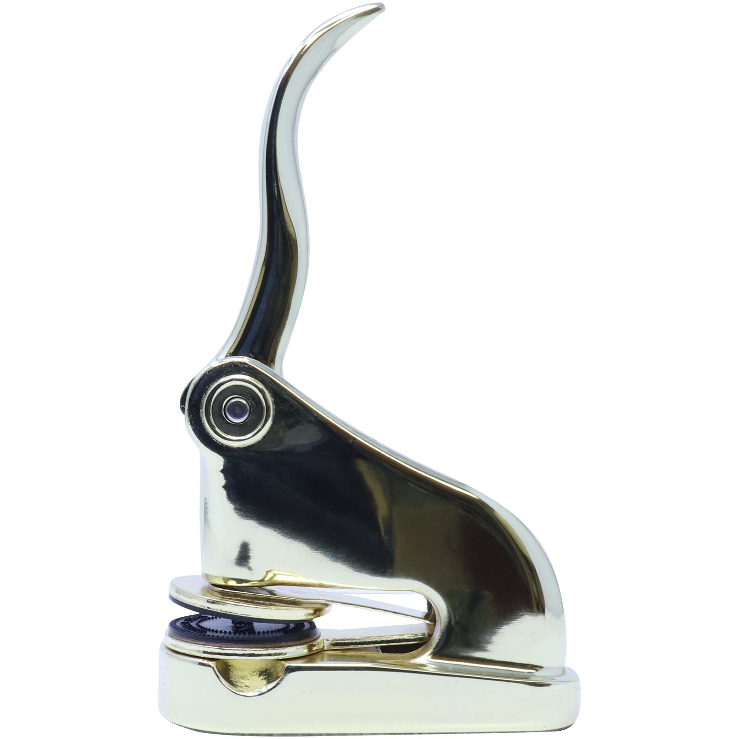 Gold Gift Notary Seal Embosser with a sleek, polished gold finish, side view showing the handle and embossing mechanism.