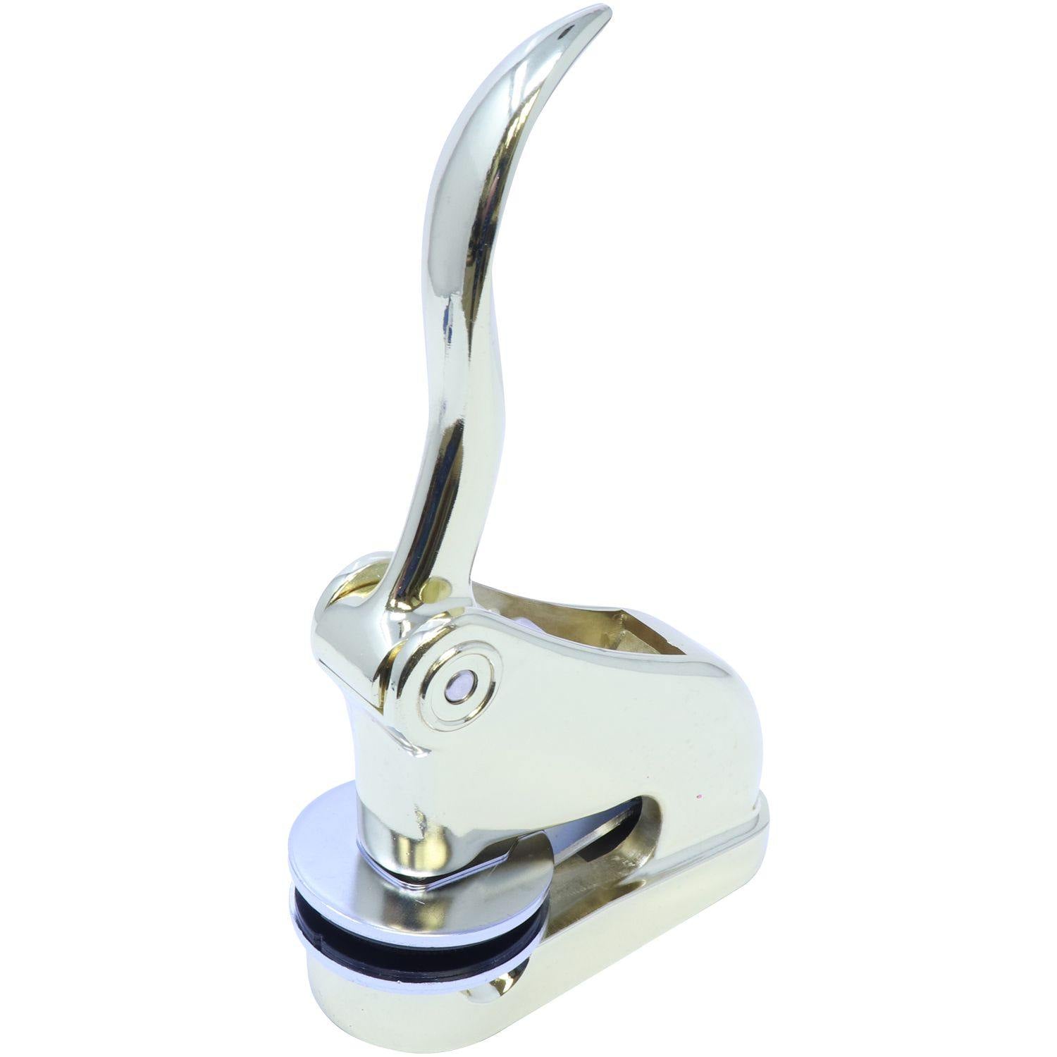 Architect Gold Gift Seal Embosser with a sleek, polished gold finish, featuring a curved handle and a 2-inch imprint area, angled front-left view.