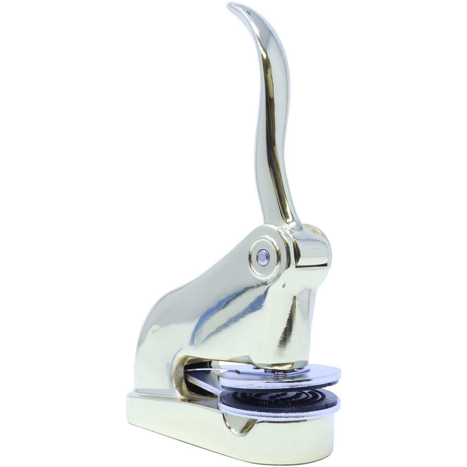 Architect Gold Gift Seal Embosser with a sleek, shiny gold finish, angled left front view, showcasing its elegant design and 2-inch imprint.