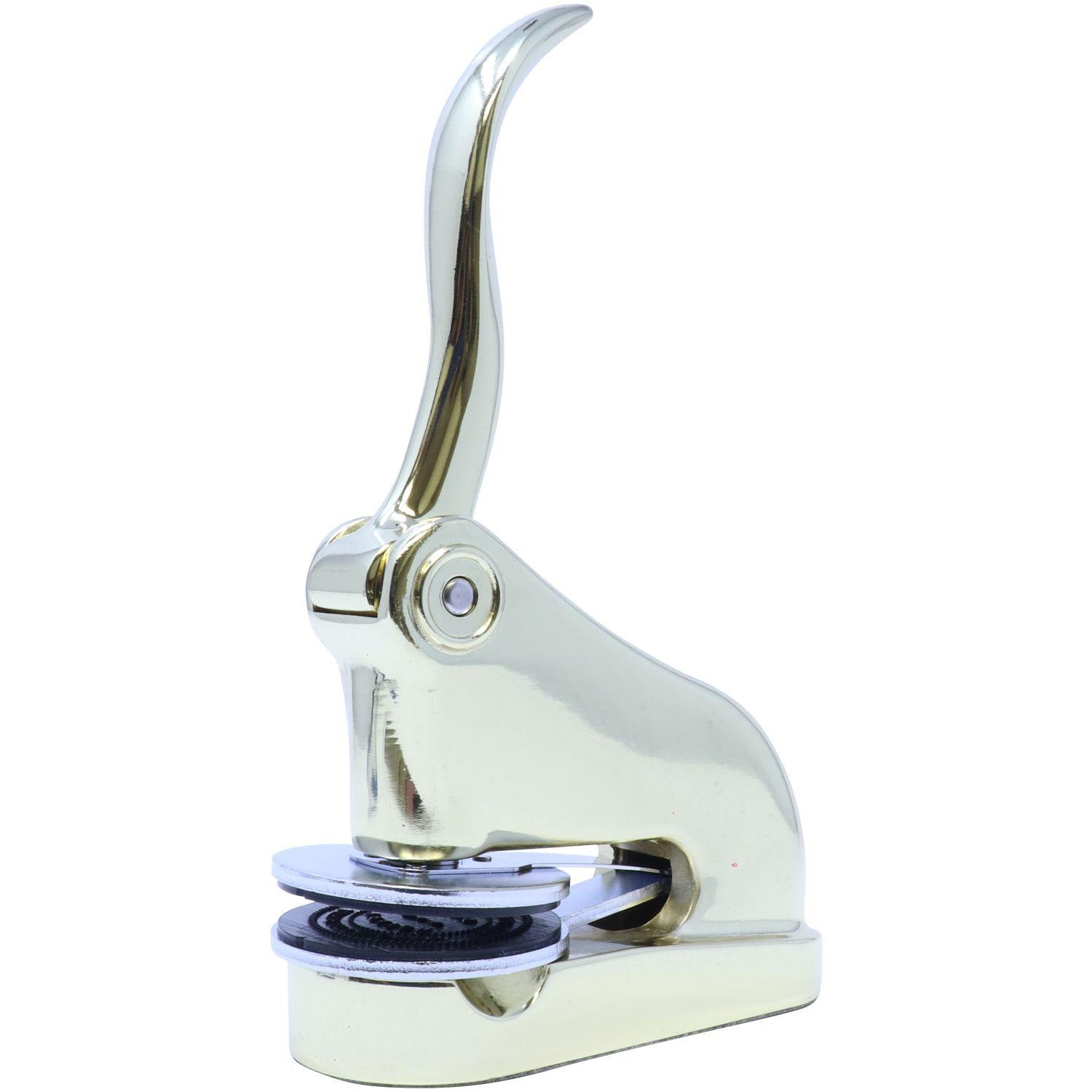 Architect Gold Gift Seal Embosser with a sleek, polished gold finish, shown from the left side, front view, featuring a 2-inch imprint.