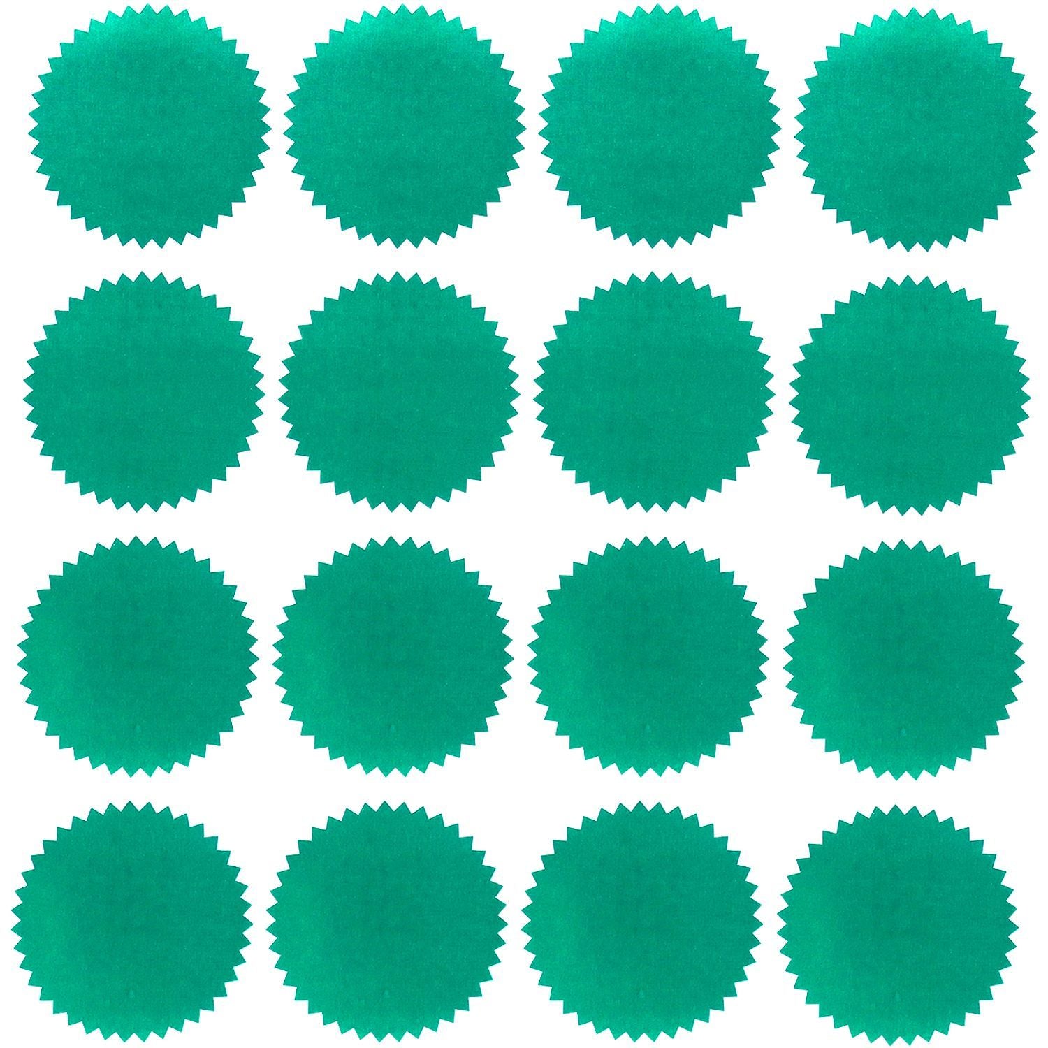 Roll of Green Foil Seals (1,000 Total) displayed in a grid pattern, each seal featuring a scalloped edge design.