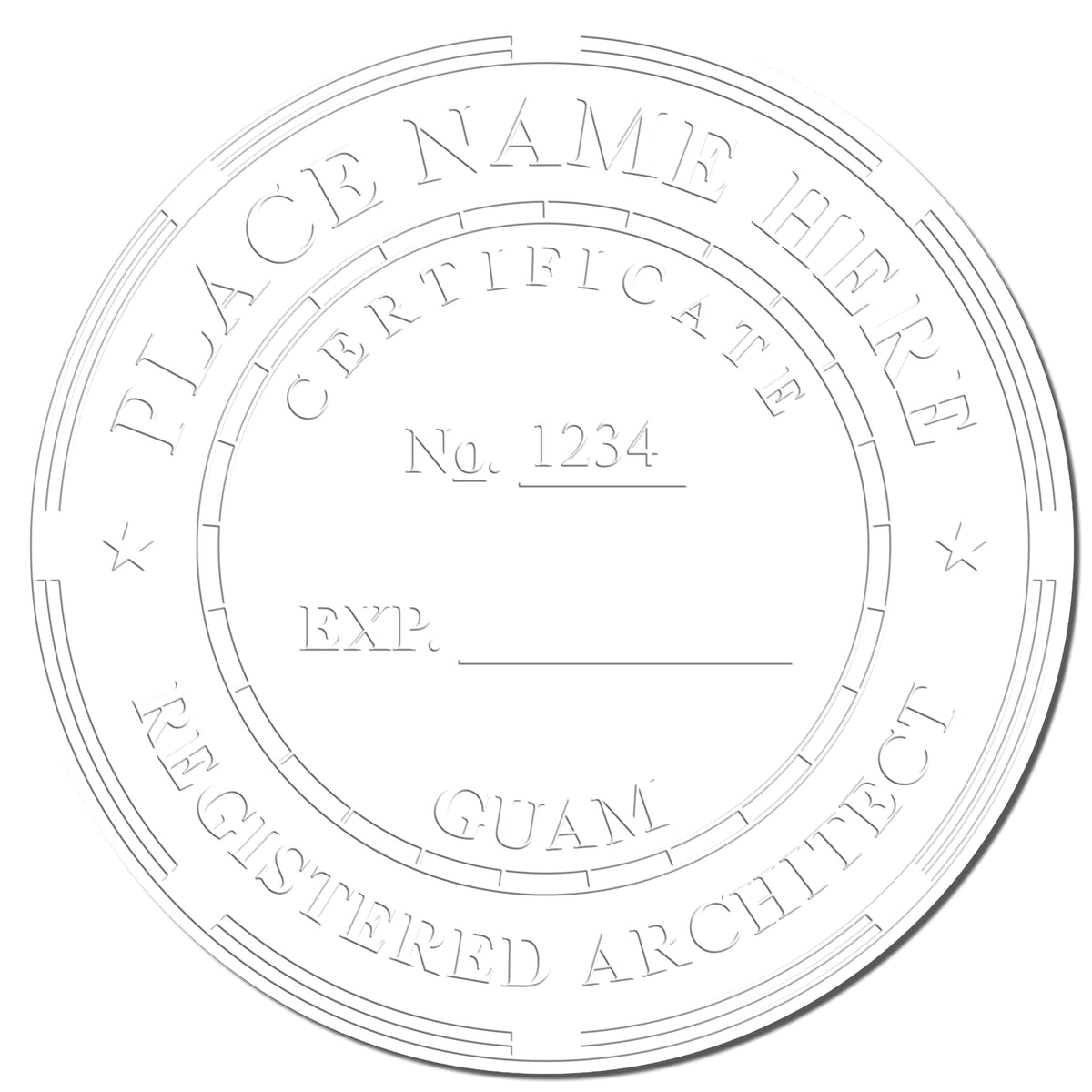 A photograph of the Handheld Guam Architect Seal Embosser stamp impression reveals a vivid, professional image of the on paper.
