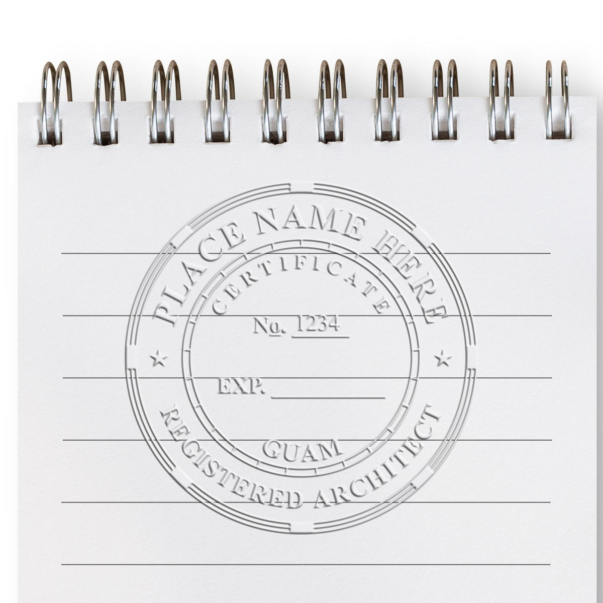 This paper is stamped with a sample imprint of the Handheld Guam Architect Seal Embosser, signifying its quality and reliability.