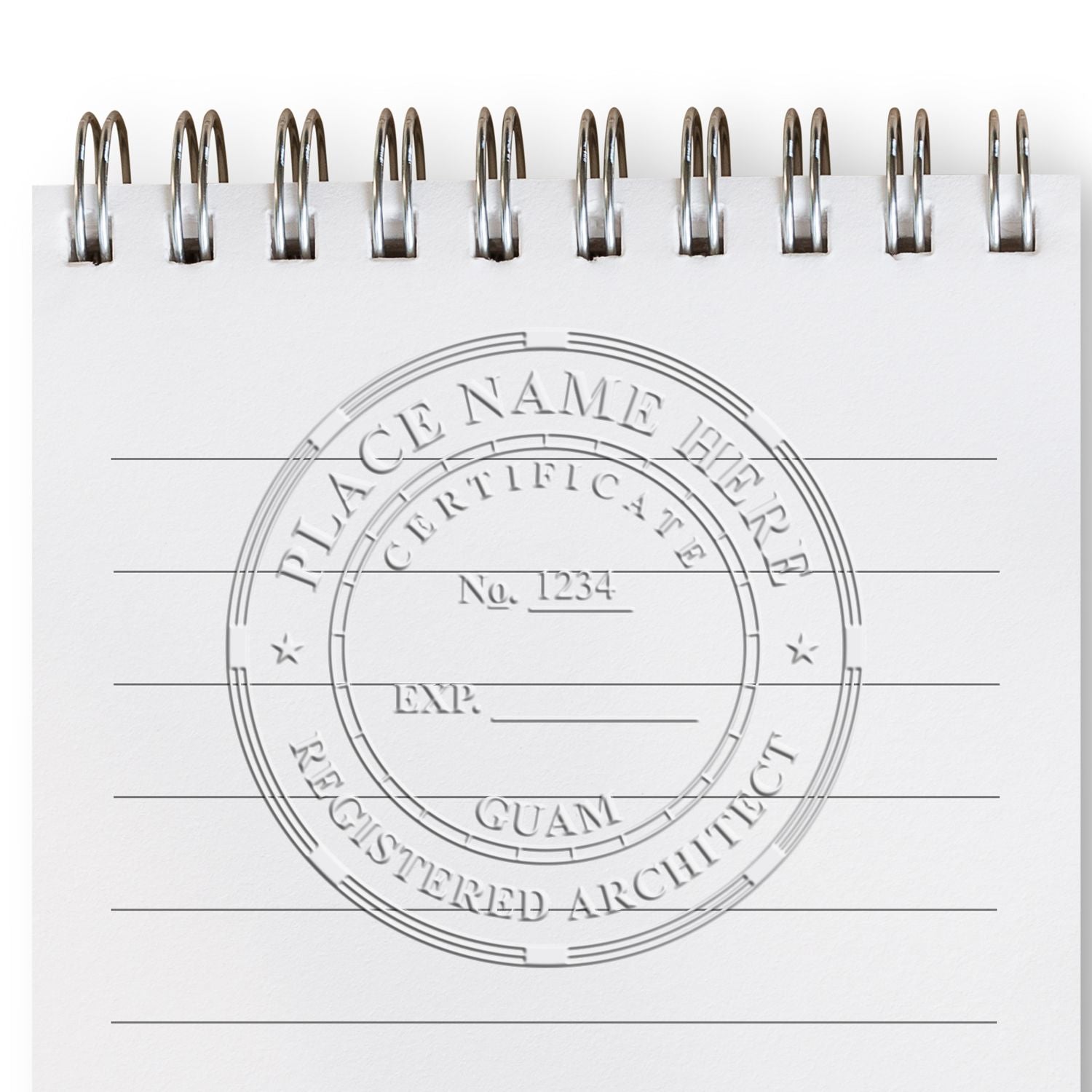 A lifestyle photo showing a stamped image of the Extended Long Reach Guam Architect Seal Embosser on a piece of paper