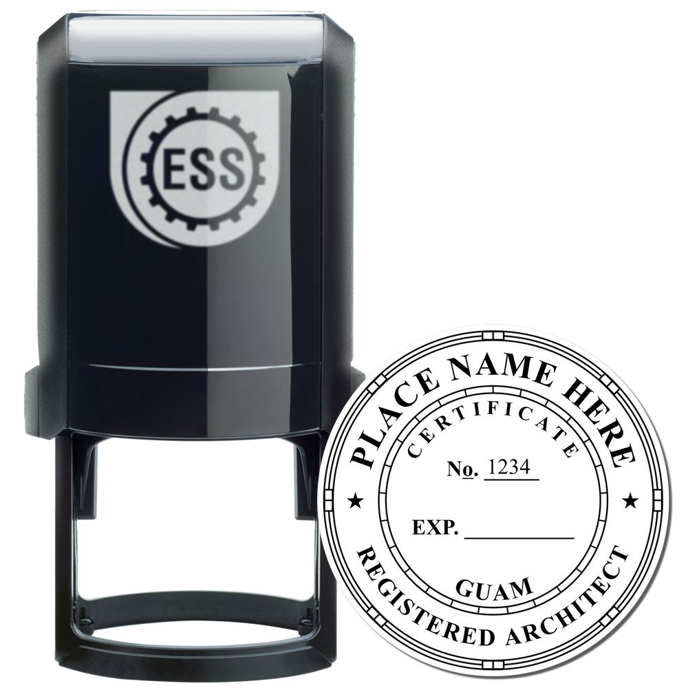 Self Inking Guam Architect Stamp with a black body and a circular imprint design showing Registered Architect and space for name, certificate, and expiration date.