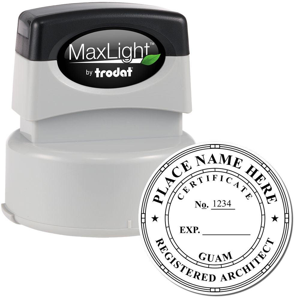 Premium MaxLight Pre-Inked Guam Architectural Stamp with a black and gray design, shown next to an example of a stamped certification.