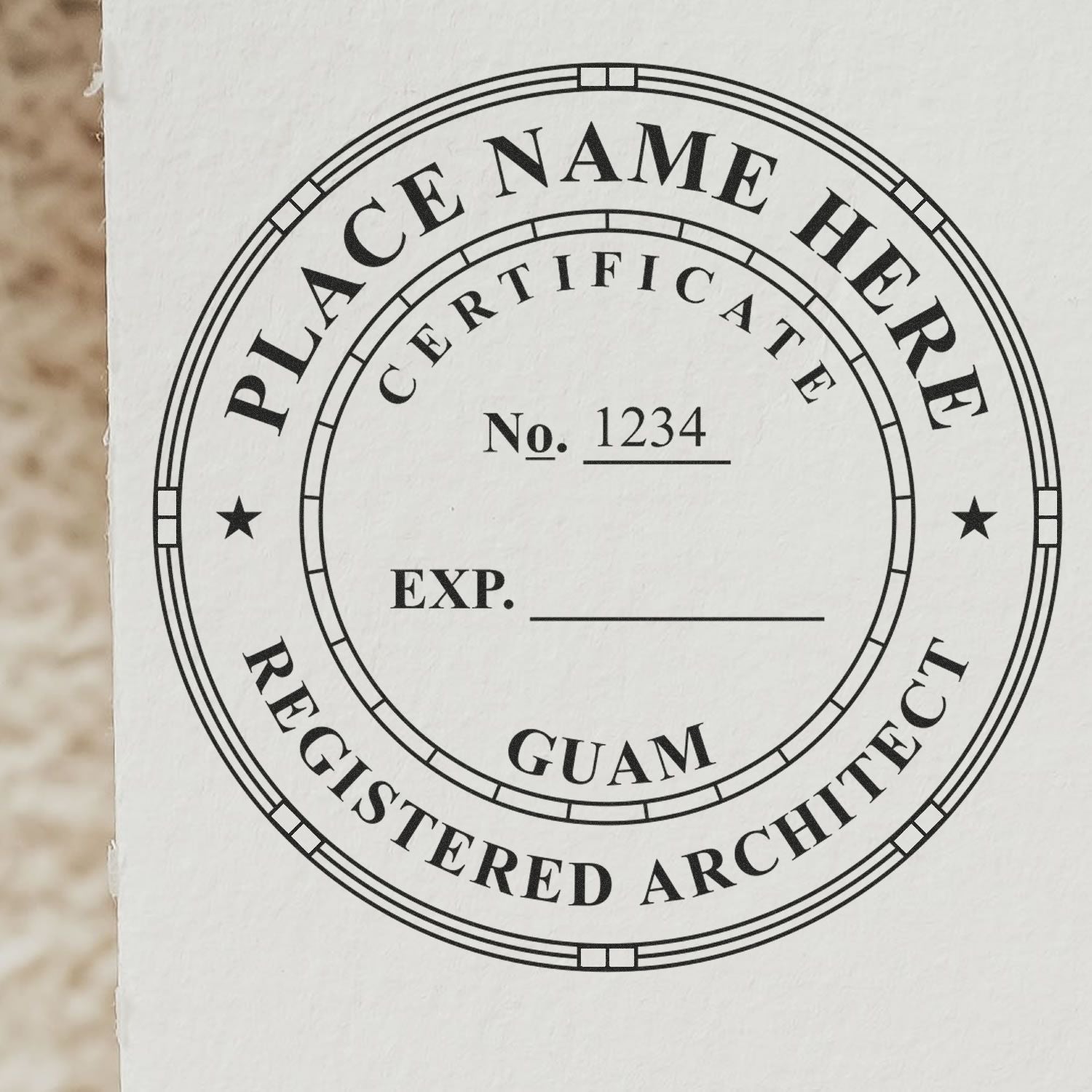 Premium MaxLight Pre-Inked Guam Architectural Stamp with customizable fields for name, certificate number, and expiration date.