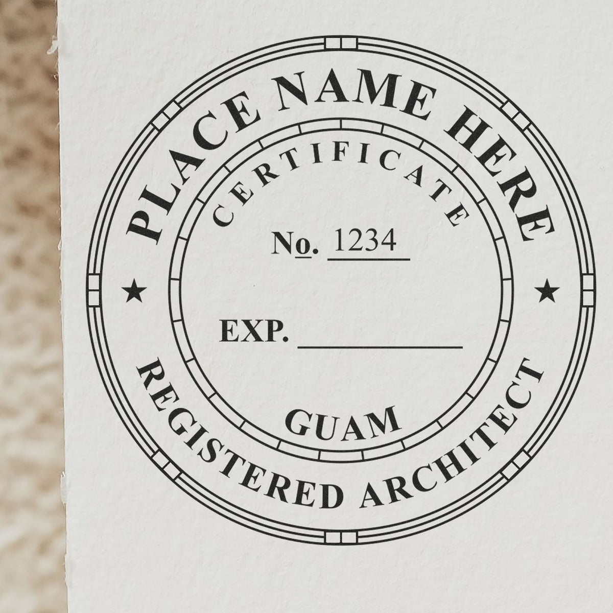 Slim Pre-Inked Guam Architect Seal Stamp in use photo showing a stamped imprint of the Slim Pre-Inked Guam Architect Seal Stamp