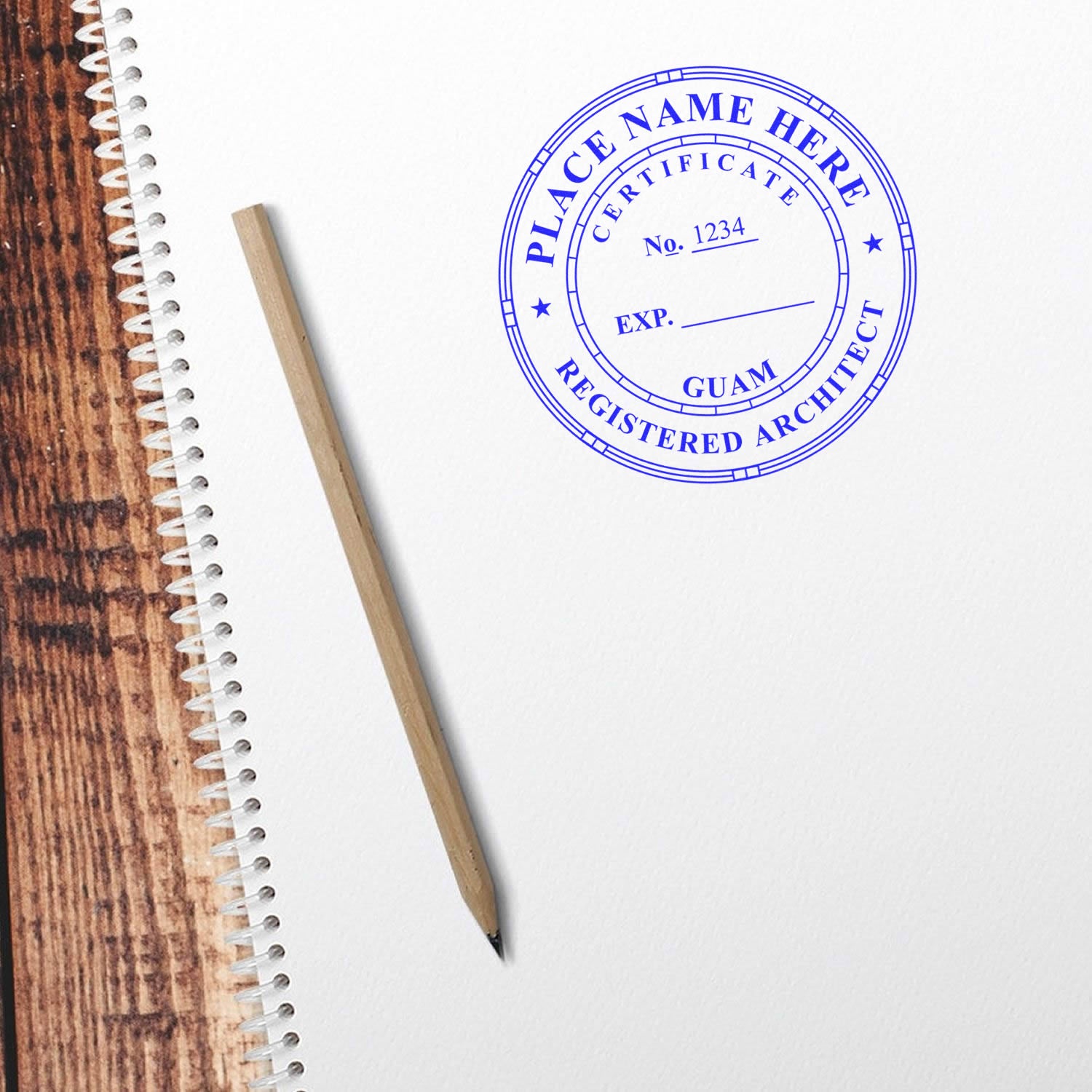 Digital Guam Architect Stamp, Electronic Seal for Guam Architect, displayed on a white paper with a pencil beside it."