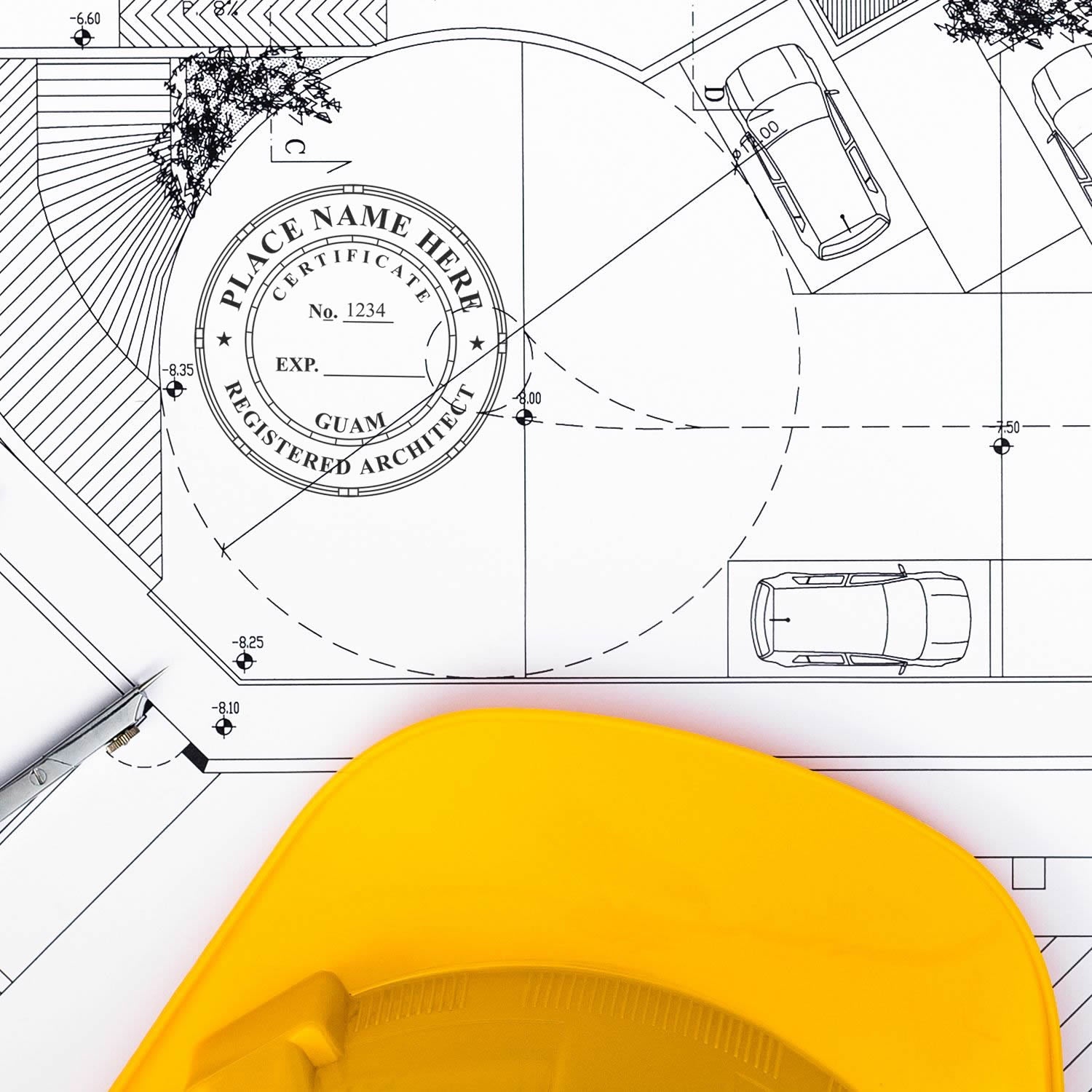 Self Inking Guam Architect Stamp in use on architectural blueprint with a yellow hard hat and pen nearby.