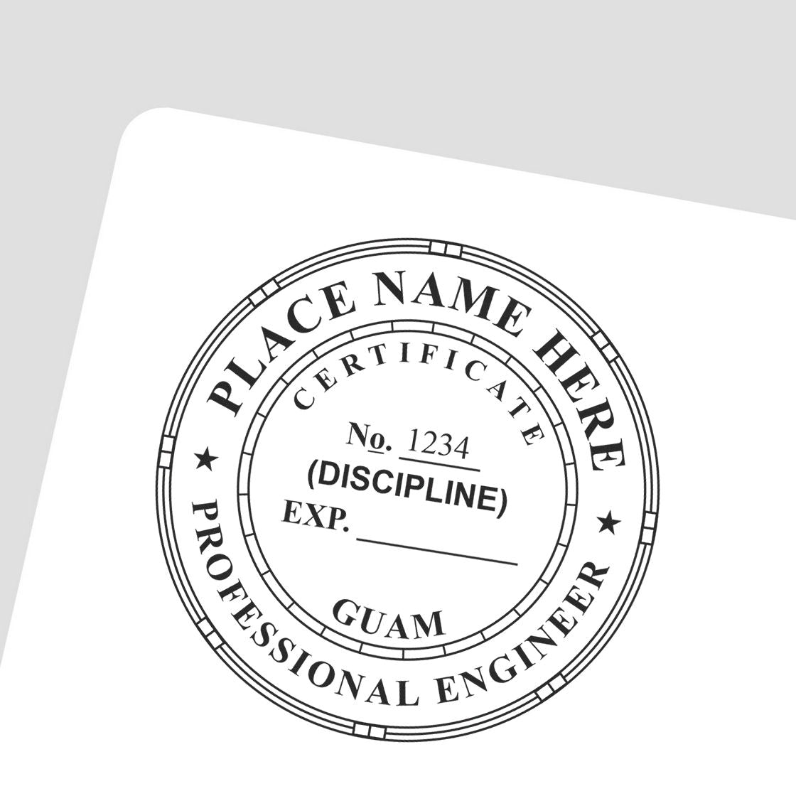 A lifestyle photo showing a stamped image of the Slim Pre-Inked Guam Professional Engineer Seal Stamp on a piece of paper