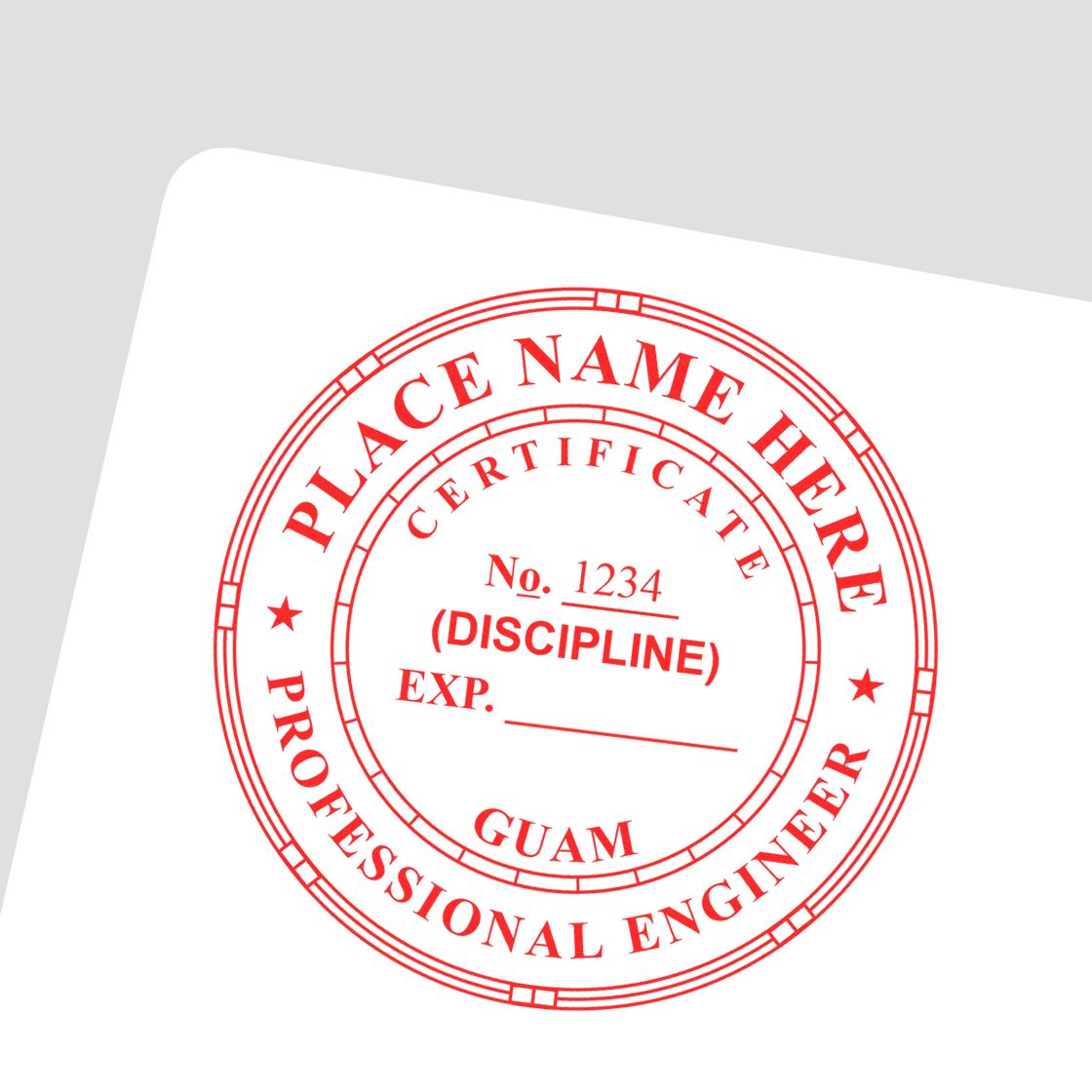 A photograph of the Slim Pre-Inked Guam Professional Engineer Seal Stamp stamp impression reveals a vivid, professional image of the on paper.