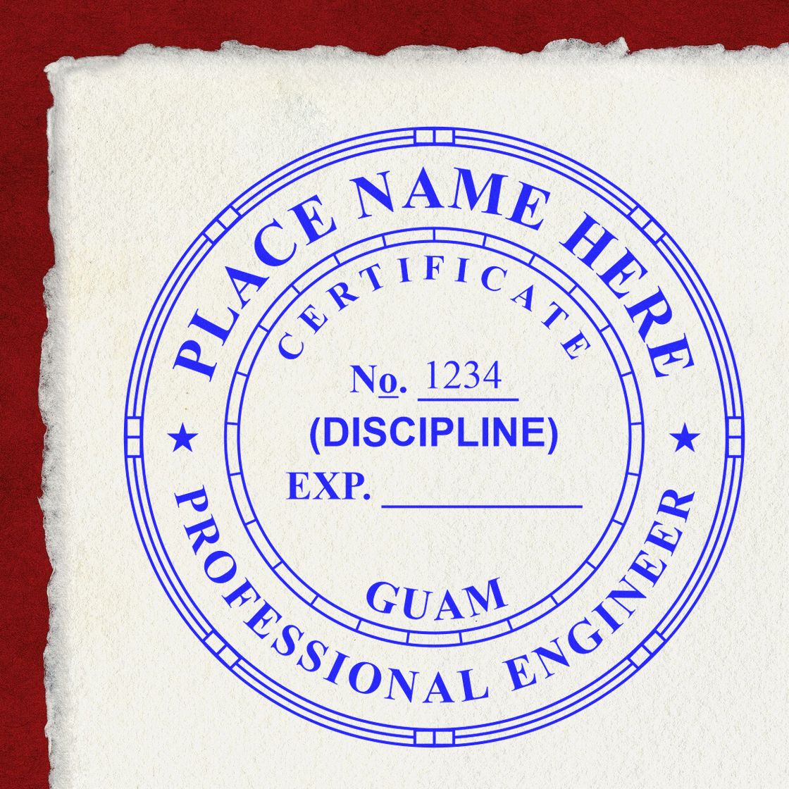 A lifestyle photo showing a stamped image of the Premium MaxLight Pre-Inked Guam Engineering Stamp on a piece of paper