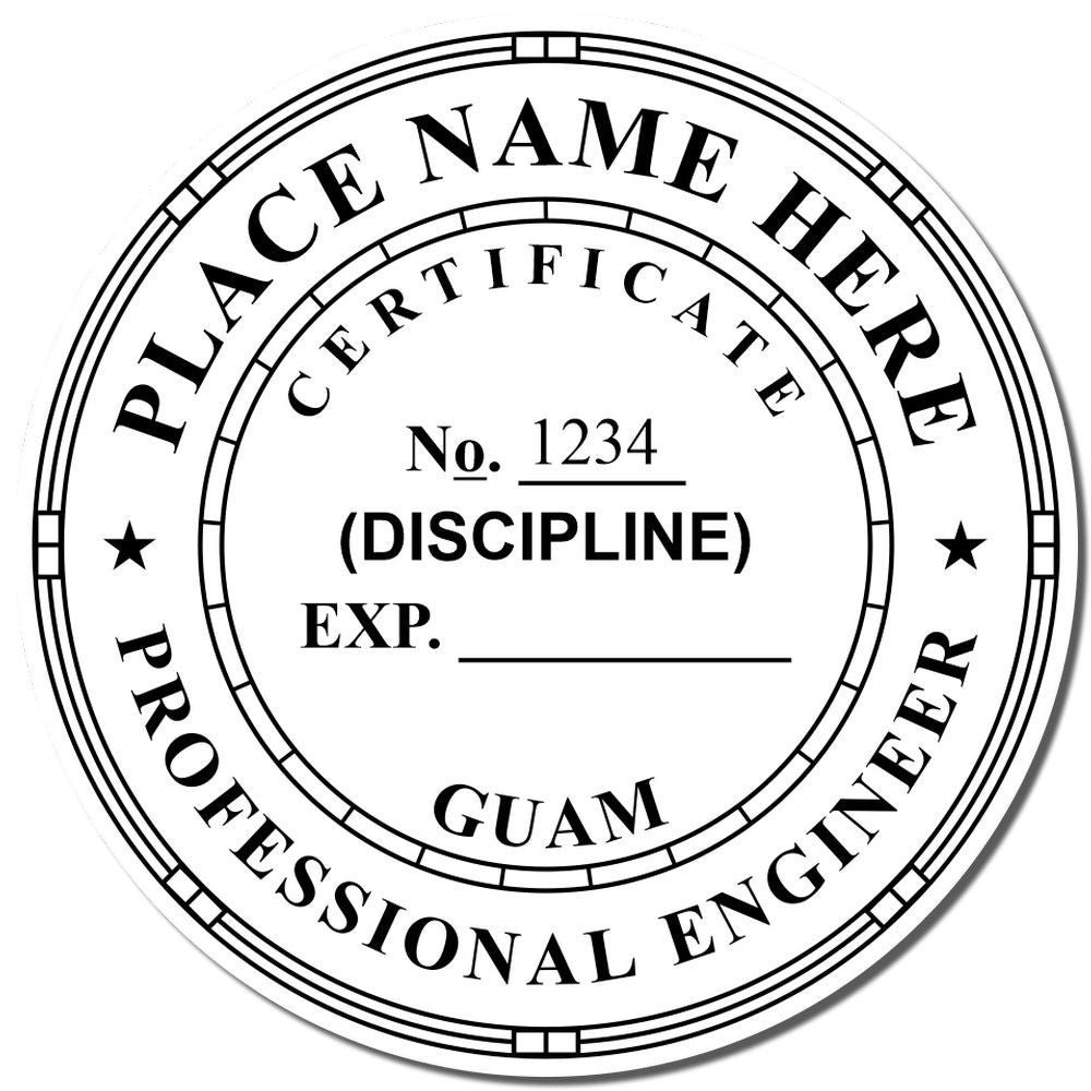 A photograph of the Self-Inking Guam PE Stamp stamp impression reveals a vivid, professional image of the on paper.