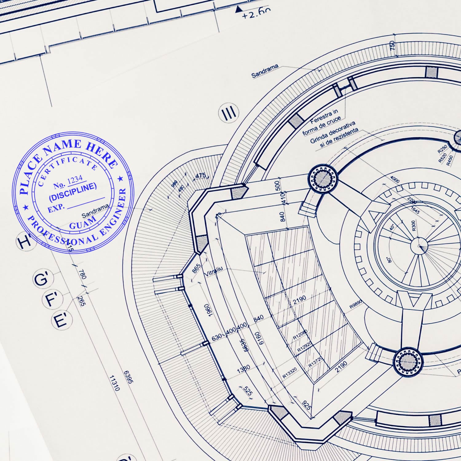 This paper is stamped with a sample imprint of the Digital Guam PE Stamp and Electronic Seal for Guam Engineer, signifying its quality and reliability.