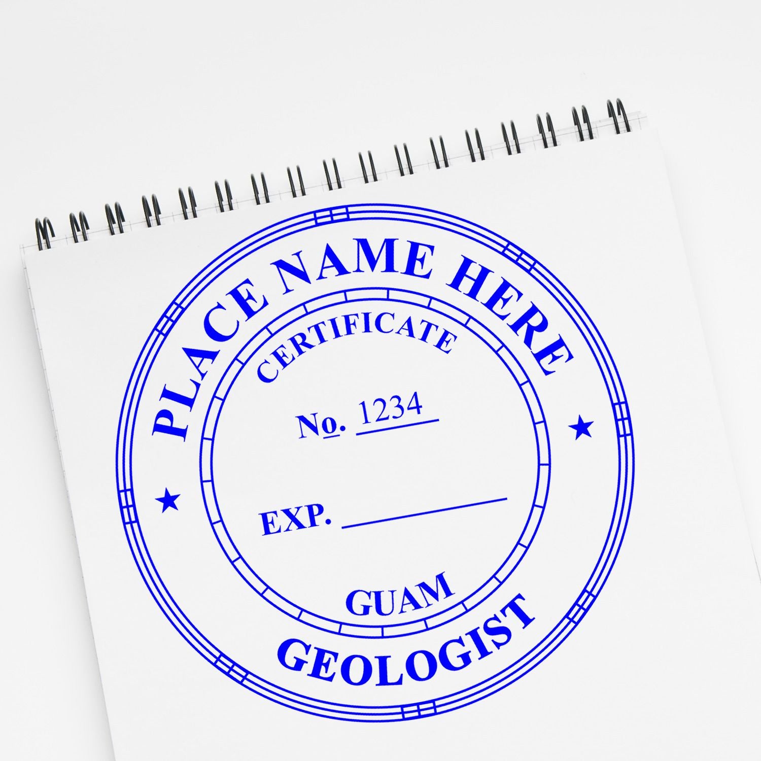 The Slim Pre-Inked Guam Professional Geologist Seal Stamp impression comes to life with a crisp, detailed image stamped on paper - showcasing true professional quality.