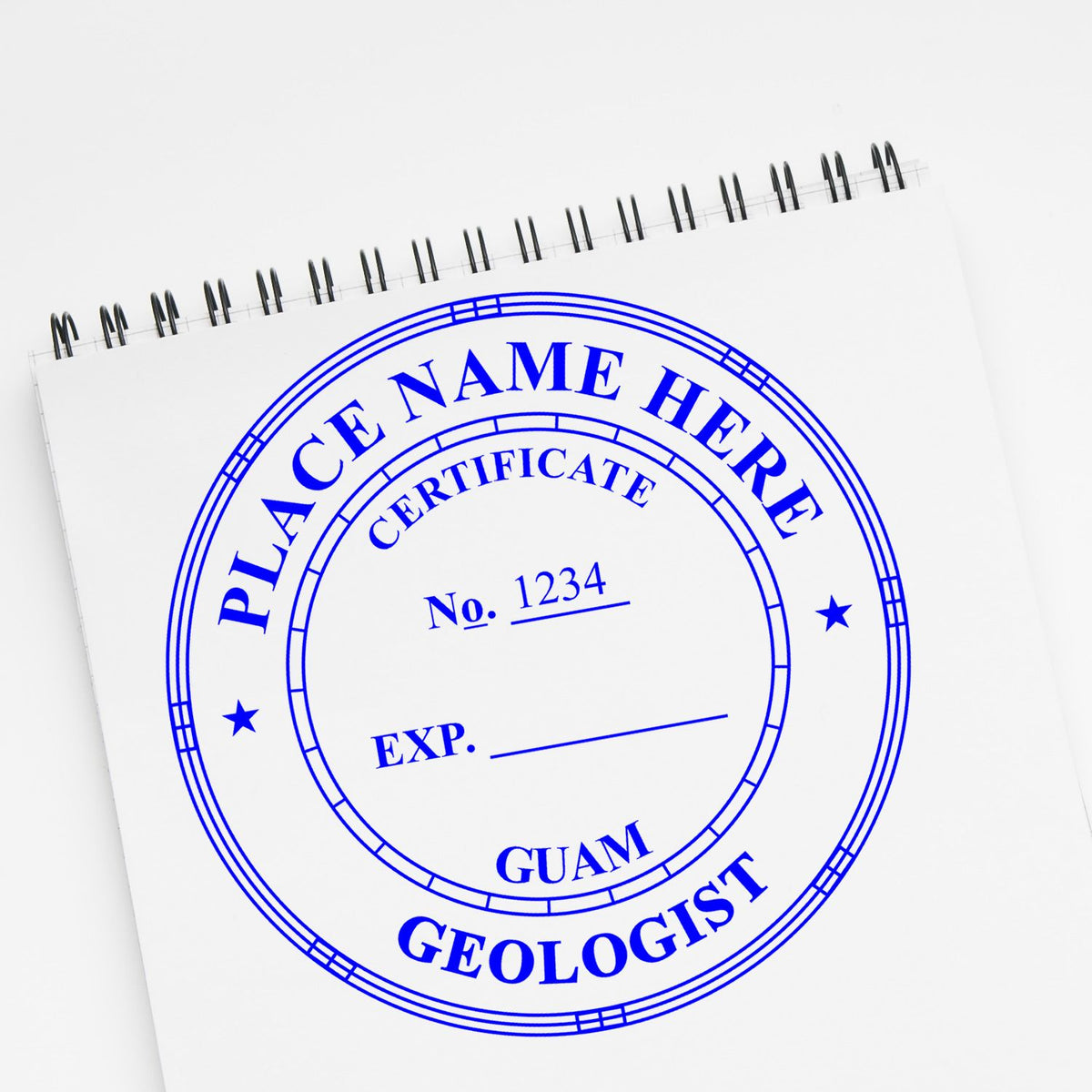 This paper is stamped with a sample imprint of the Self-Inking Guam Geologist Stamp, signifying its quality and reliability.