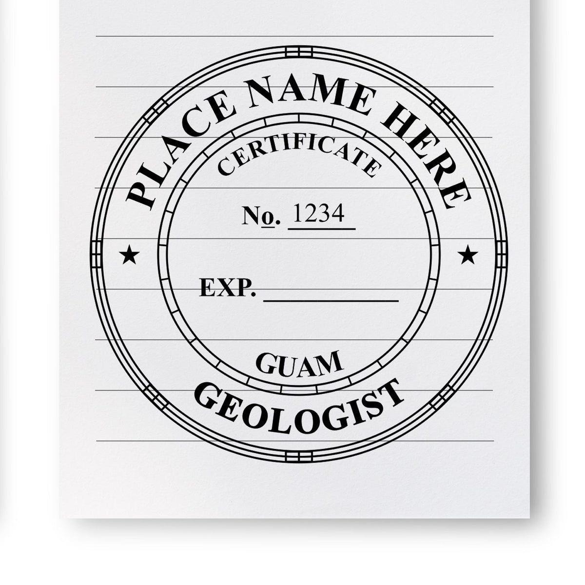 A lifestyle photo showing a stamped image of the Slim Pre-Inked Guam Professional Geologist Seal Stamp on a piece of paper