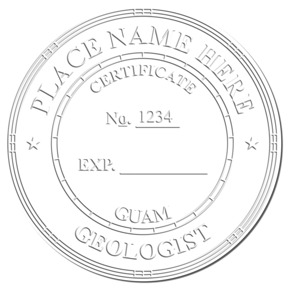 An in use photo of the Heavy Duty Cast Iron Guam Geologist Seal Embosser showing a sample imprint on a cardstock