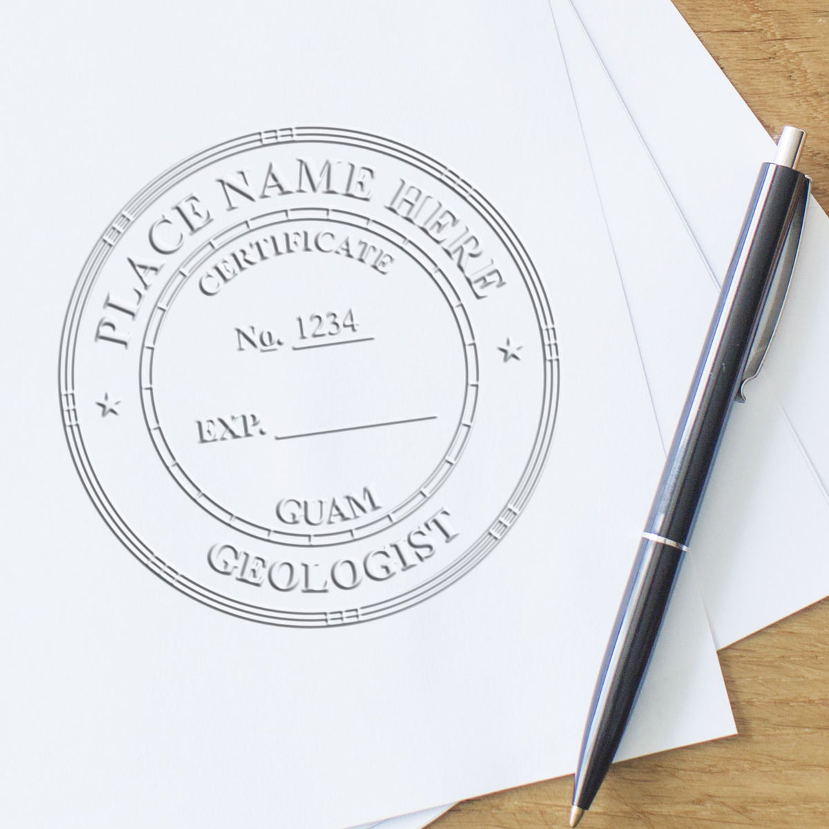 A photograph of the Soft Guam Professional Geologist Seal stamp impression reveals a vivid, professional image of the on paper.