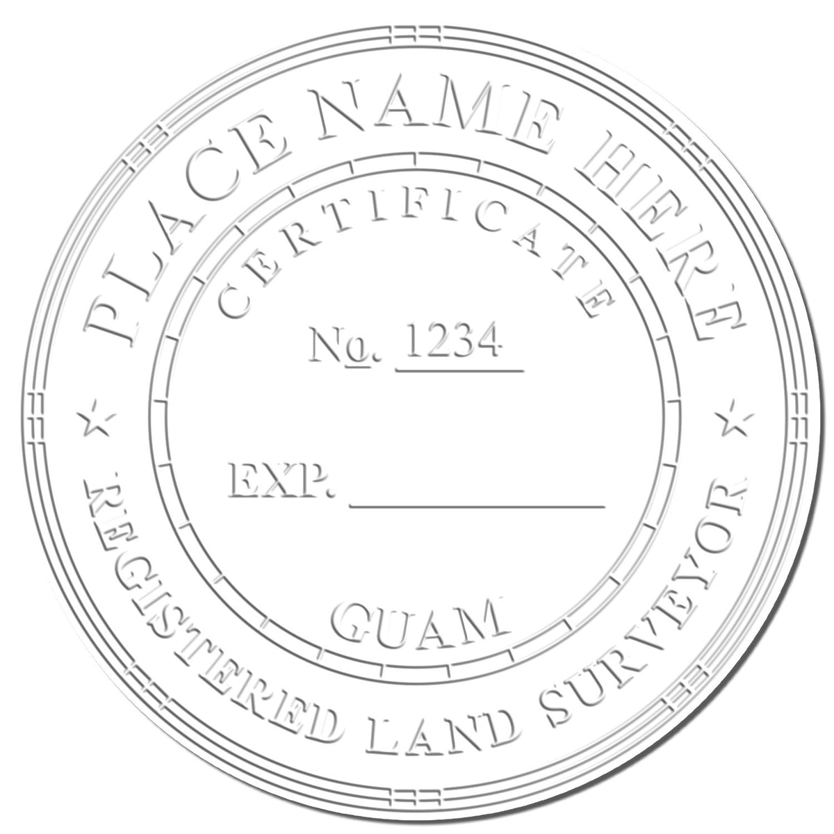 This paper is stamped with a sample imprint of the Extended Long Reach Guam Surveyor Embosser, signifying its quality and reliability.