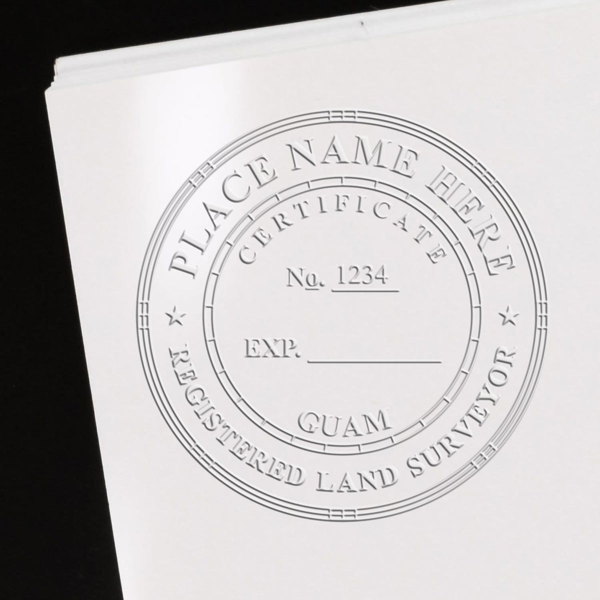 A lifestyle photo showing a stamped image of the State of Guam Soft Land Surveyor Embossing Seal on a piece of paper