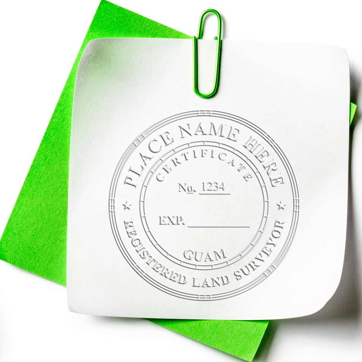 A photograph of the State of Guam Soft Land Surveyor Embossing Seal stamp impression reveals a vivid, professional image of the on paper.