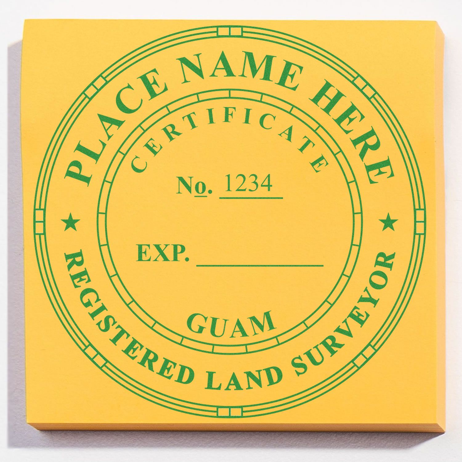 Digital Guam Land Surveyor Stamp, Electronic Seal for Guam Land Surveyor, yellow background with green circular design.