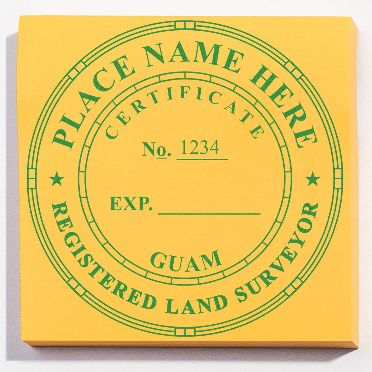 A lifestyle photo showing a stamped image of the Slim Pre-Inked Guam Land Surveyor Seal Stamp on a piece of paper