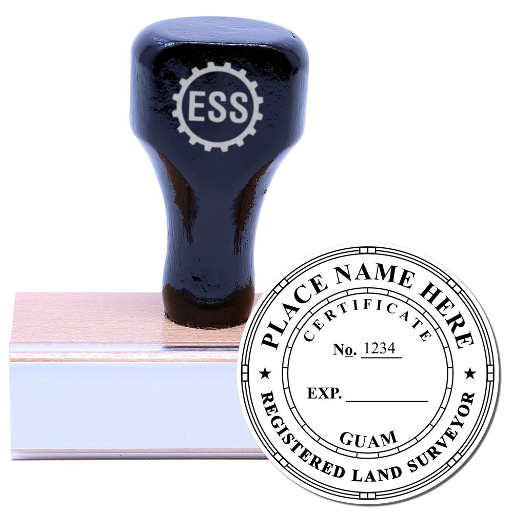 Guam Land Surveyor Seal Stamp with wooden handle and circular imprint design for registered land surveyors in Guam.