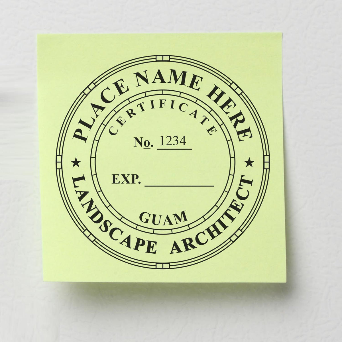 Slim Pre-Inked Guam Landscape Architect Seal Stamp in use photo showing a stamped imprint of the Slim Pre-Inked Guam Landscape Architect Seal Stamp