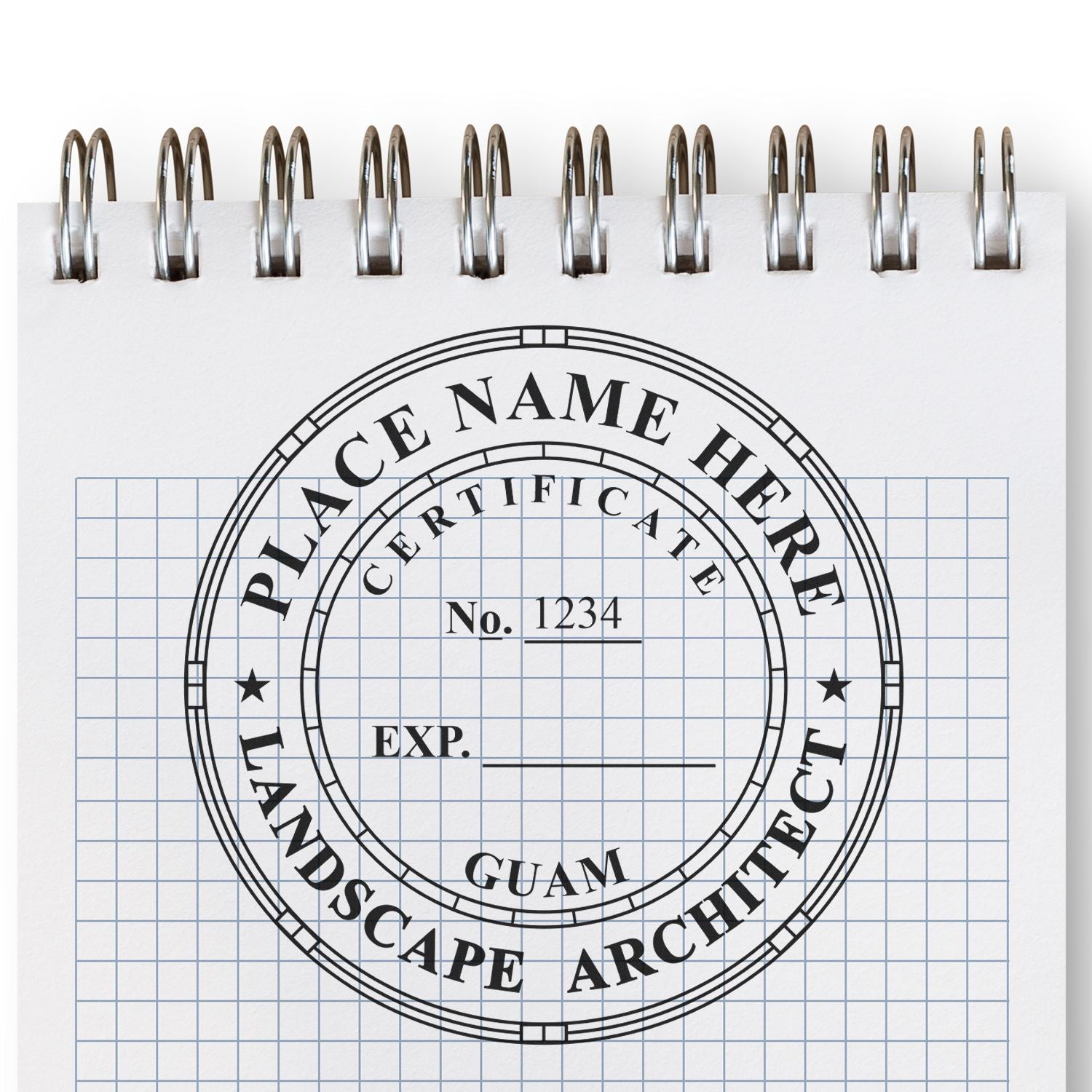 The main image for the Self-Inking Guam Landscape Architect Stamp depicting a sample of the imprint and electronic files