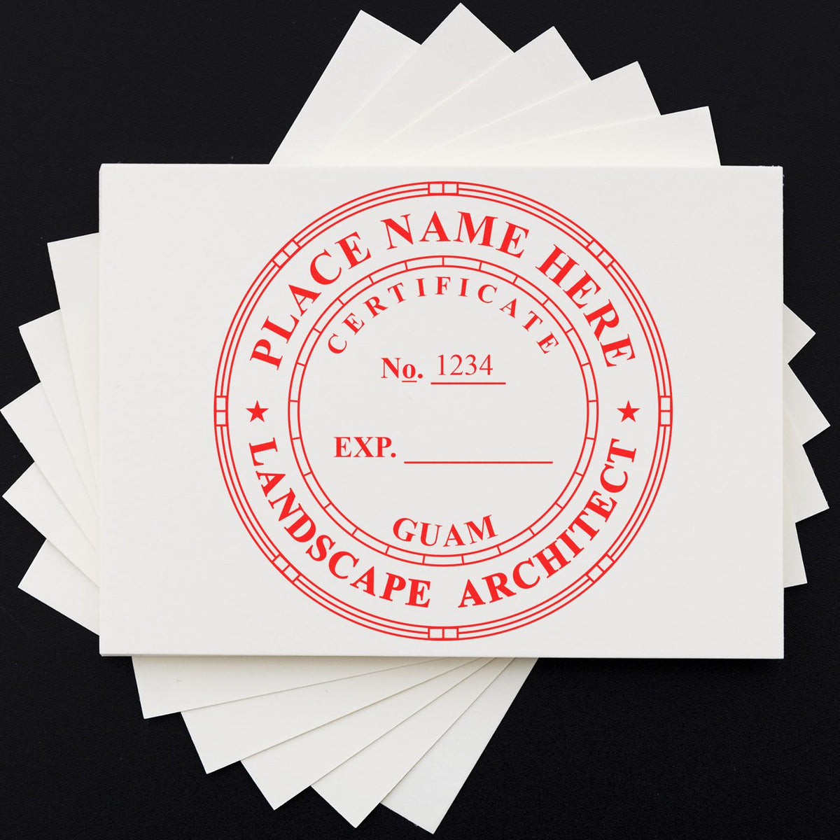 An alternative view of the Premium MaxLight Pre-Inked Guam Landscape Architectural Stamp stamped on a sheet of paper showing the image in use
