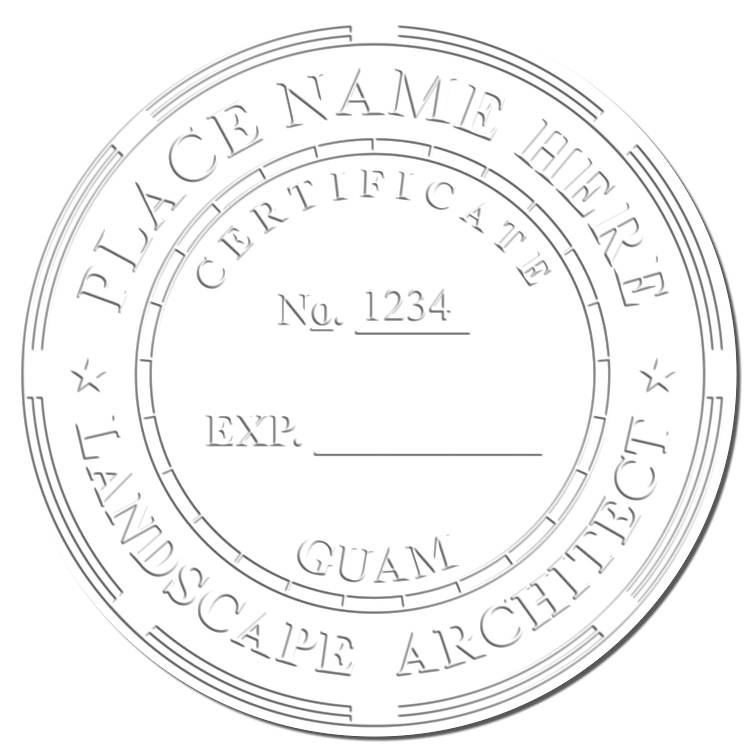 This paper is stamped with a sample imprint of the Guam Desk Landscape Architectural Seal Embosser, signifying its quality and reliability.