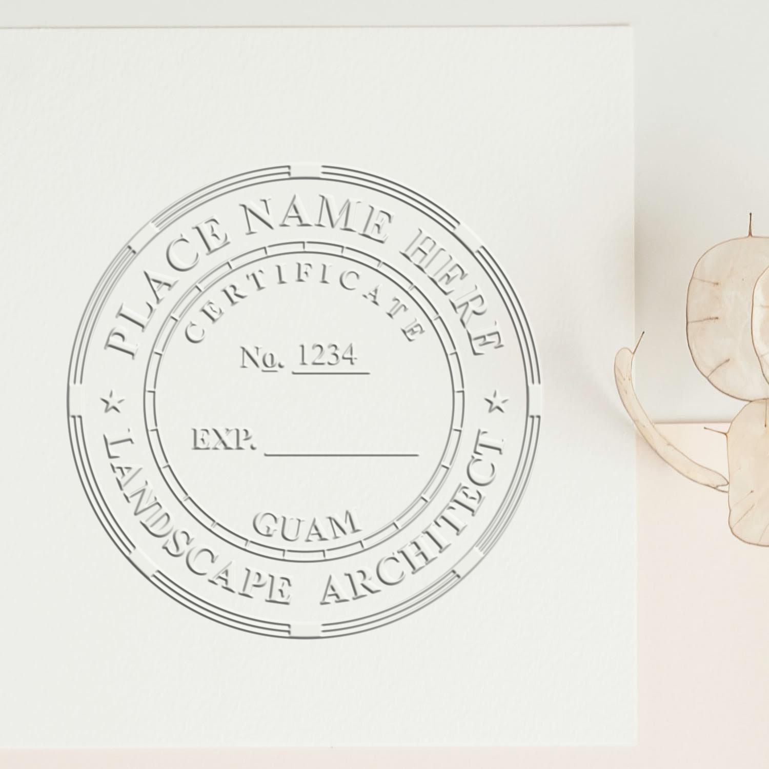 A stamped impression of the State of Guam Handheld Landscape Architect Seal in this stylish lifestyle photo, setting the tone for a unique and personalized product.