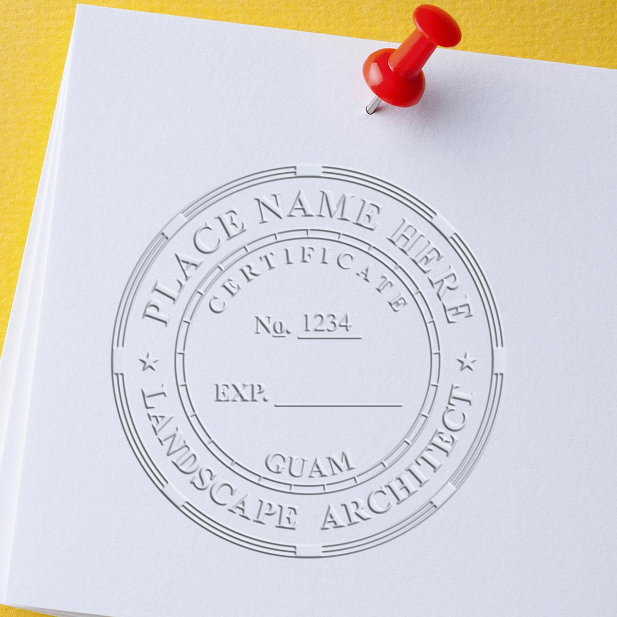 The Gift Guam Landscape Architect Seal stamp impression comes to life with a crisp, detailed image stamped on paper - showcasing true professional quality.