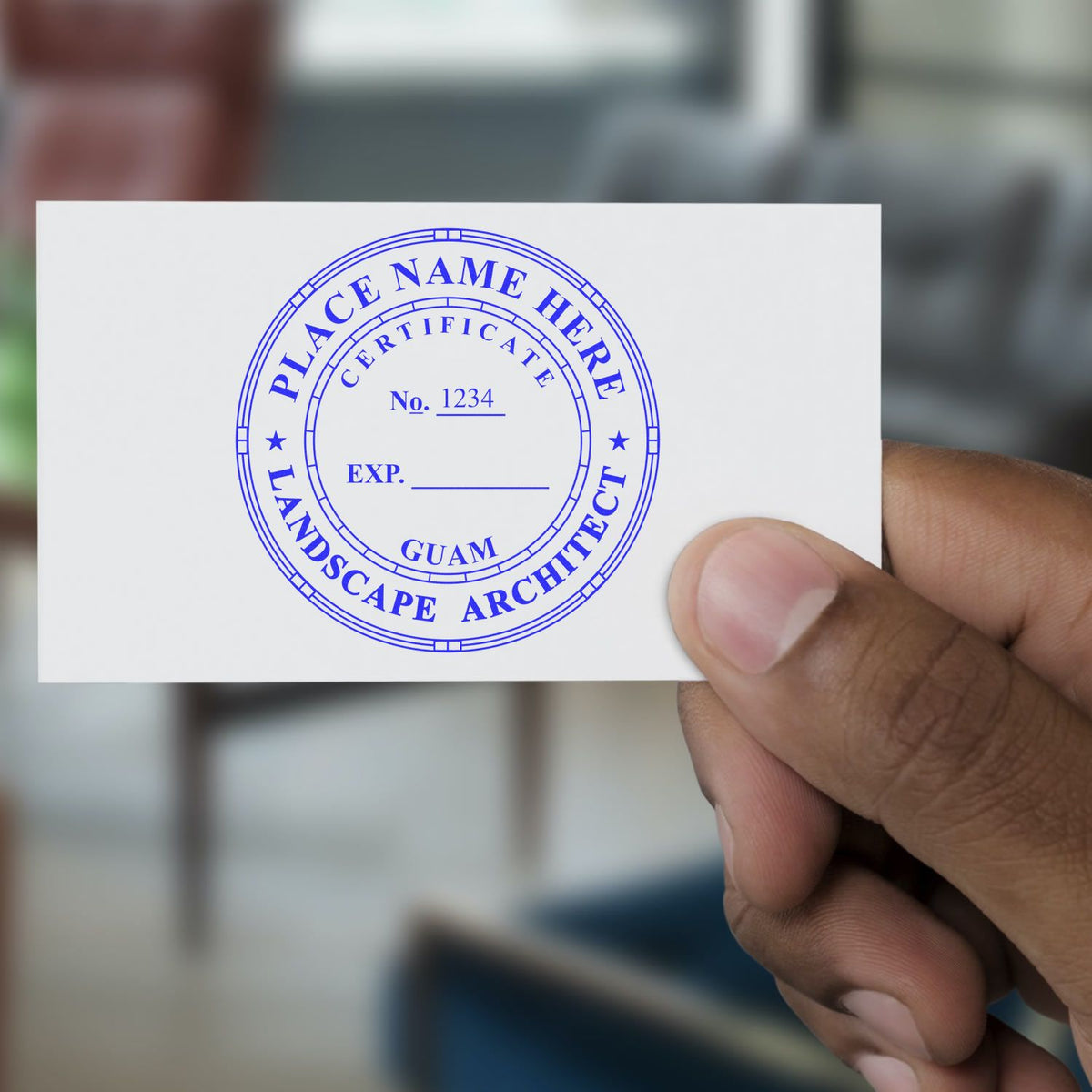 An alternative view of the Slim Pre-Inked Guam Landscape Architect Seal Stamp stamped on a sheet of paper showing the image in use