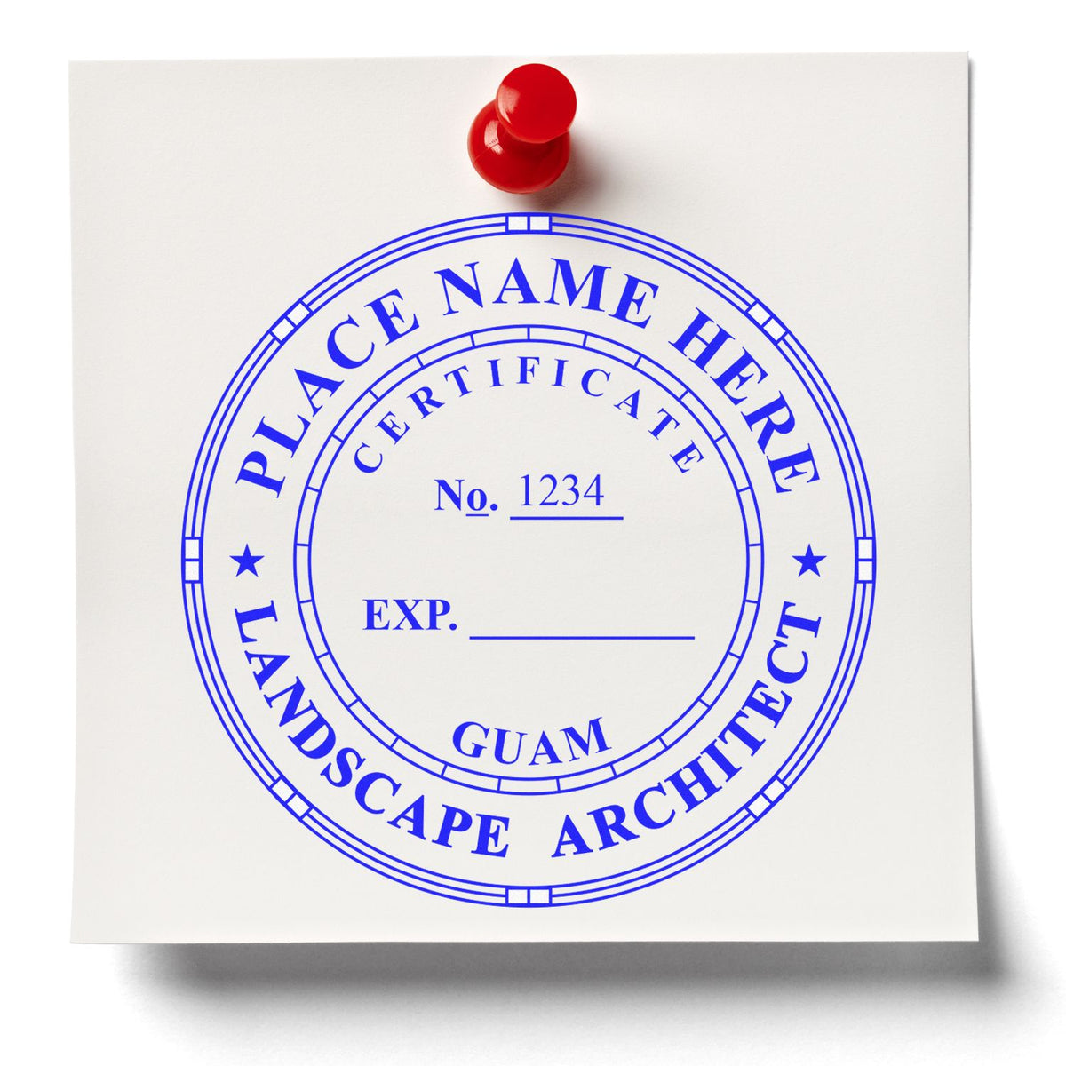 The Slim Pre-Inked Guam Landscape Architect Seal Stamp stamp impression comes to life with a crisp, detailed photo on paper - showcasing true professional quality.