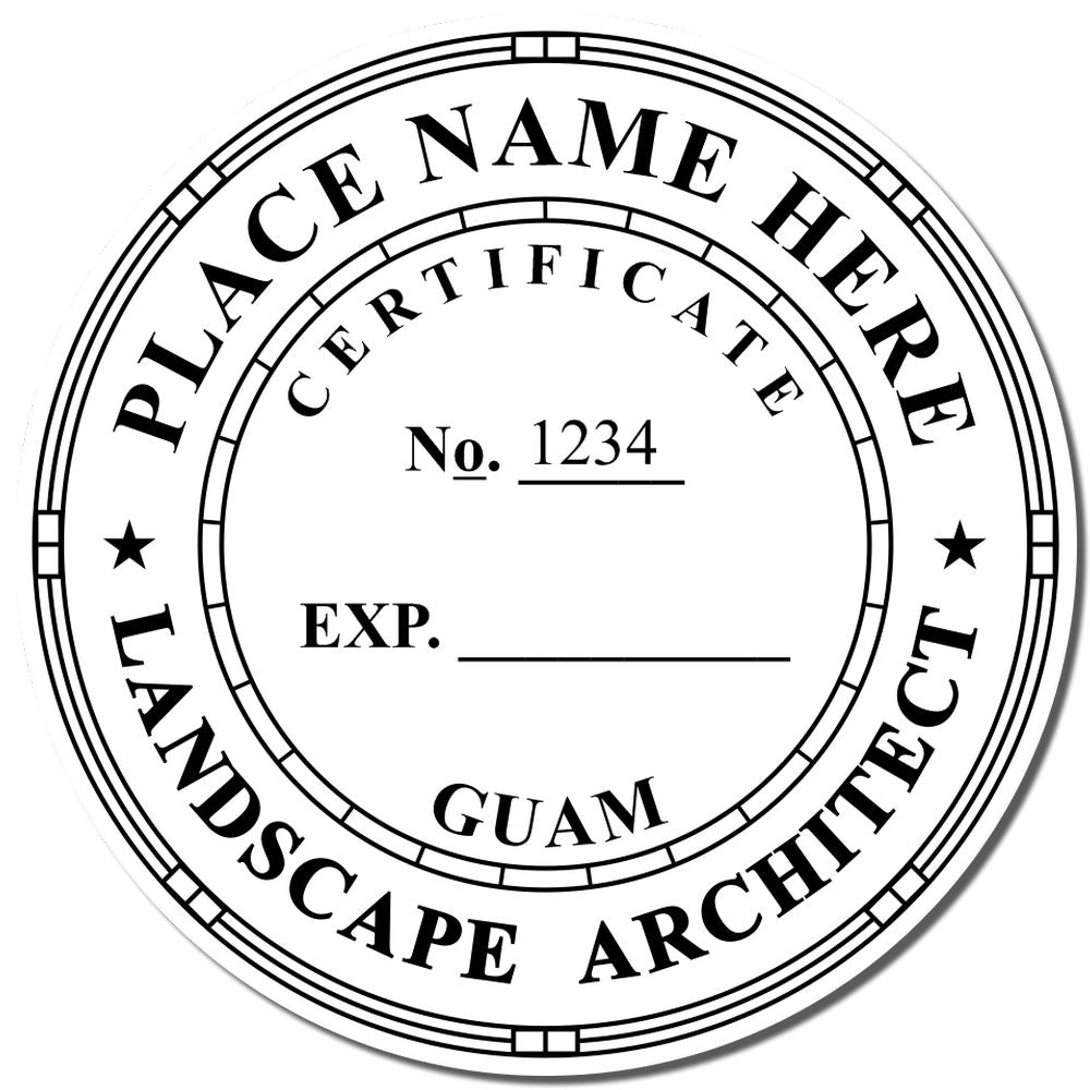 An alternative view of the Guam Landscape Architectural Seal Stamp stamped on a sheet of paper showing the image in use