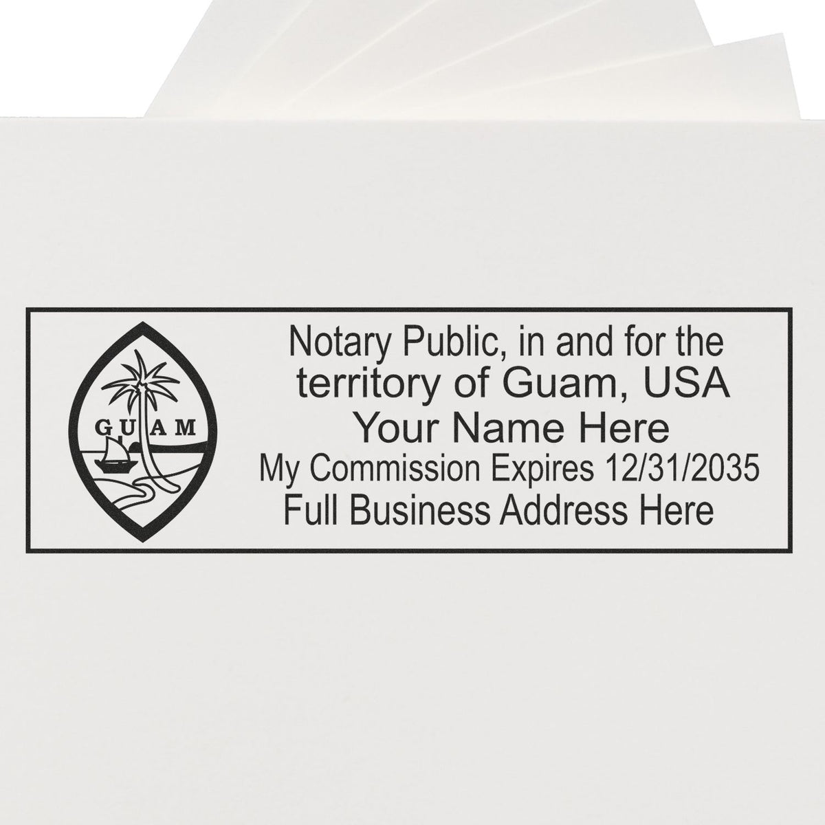 A lifestyle photo showing a stamped image of the Wooden Handle Guam Rectangular Notary Public Stamp on a piece of paper