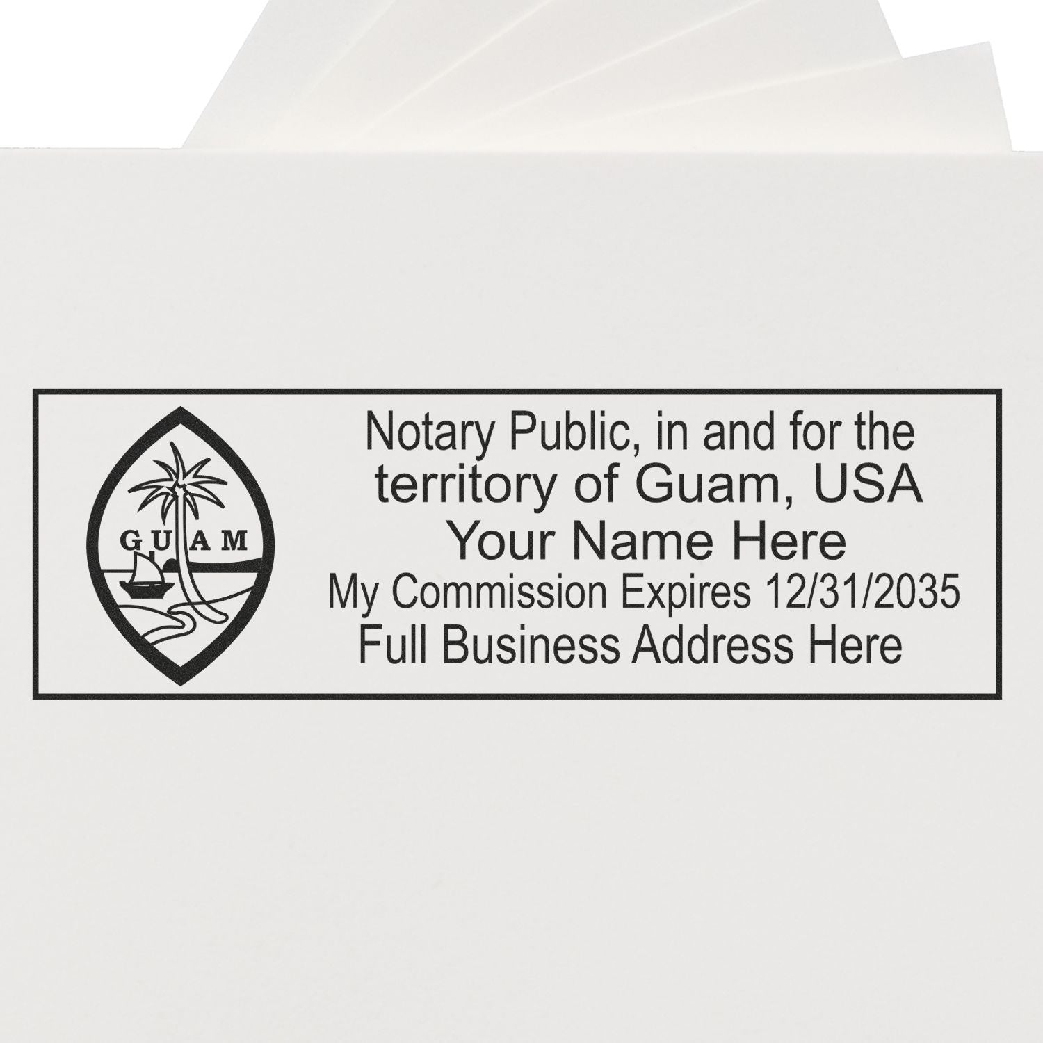 A lifestyle photo showing a stamped image of the Guam Rectangular Digital Notary Seal on a piece of paper