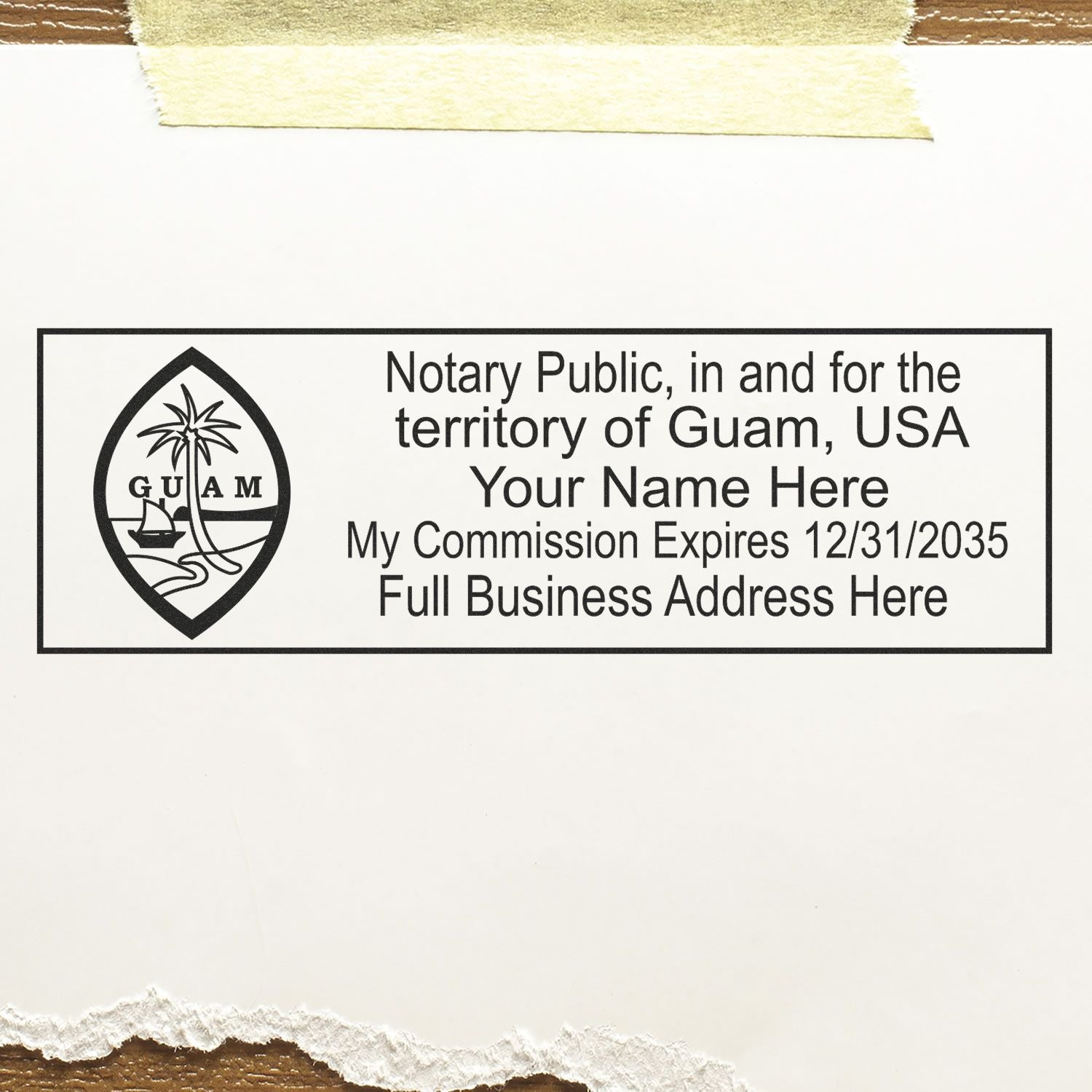The main image for the Wooden Handle Guam Rectangular Notary Public Stamp depicting a sample of the imprint and electronic files