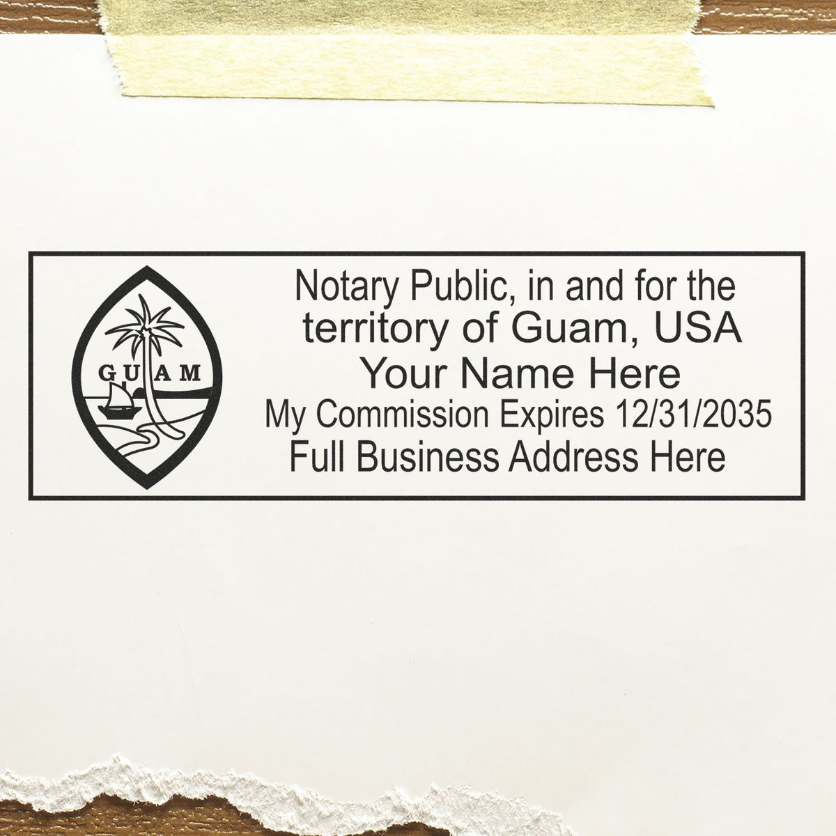 A lifestyle photo showing a stamped image of the Heavy-Duty Guam Rectangular Notary Stamp on a piece of paper