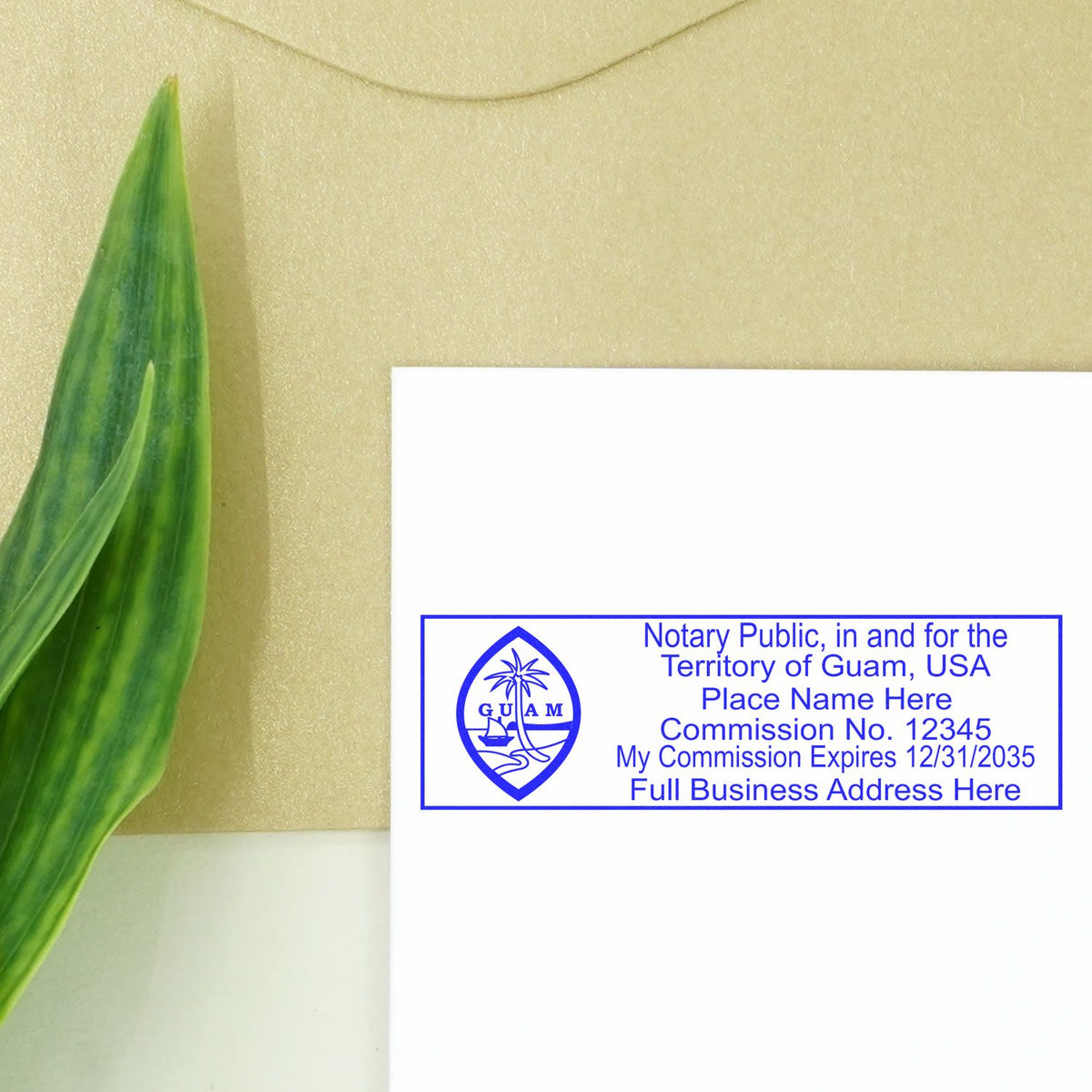 This paper is stamped with a sample imprint of the Wooden Handle Guam Rectangular Notary Public Stamp, signifying its quality and reliability.