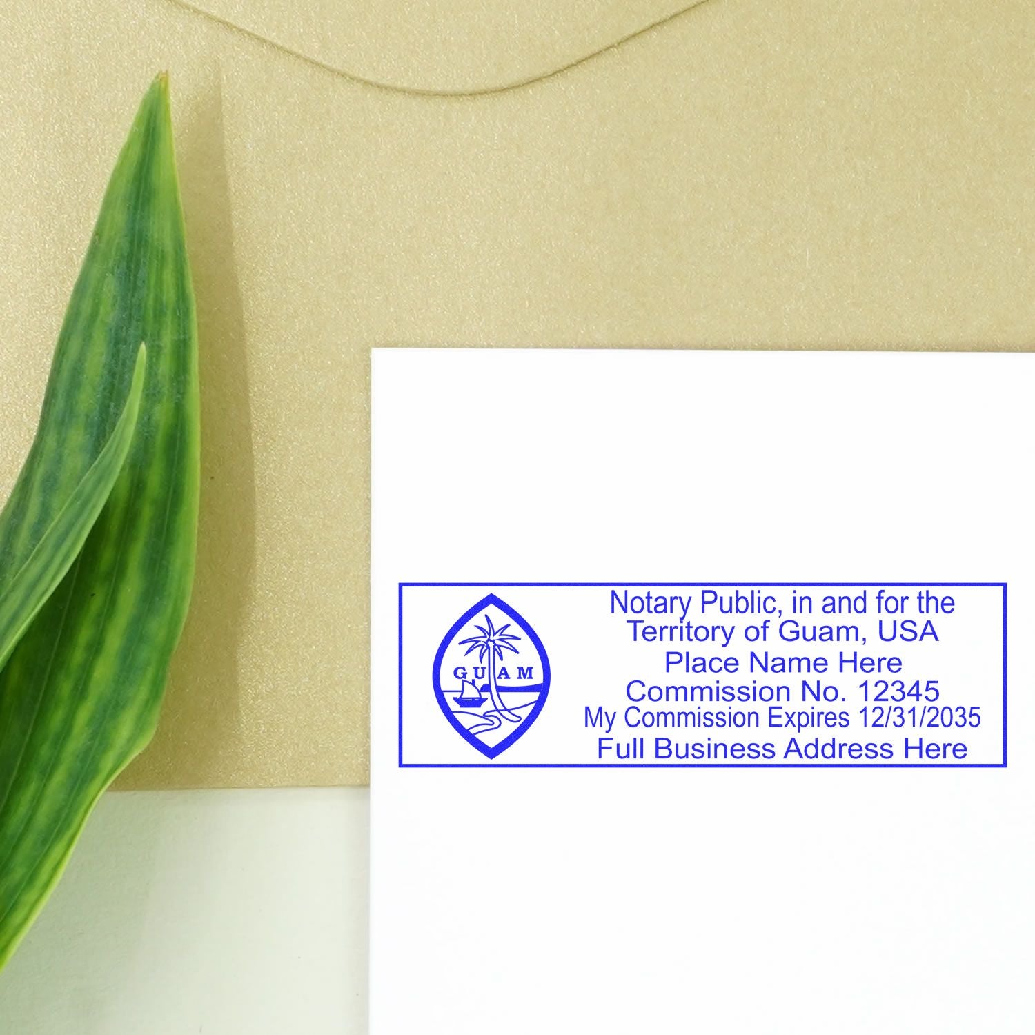 The Guam Rectangular Digital Notary Seal stamp impression comes to life with a crisp, detailed photo on paper - showcasing true professional quality.