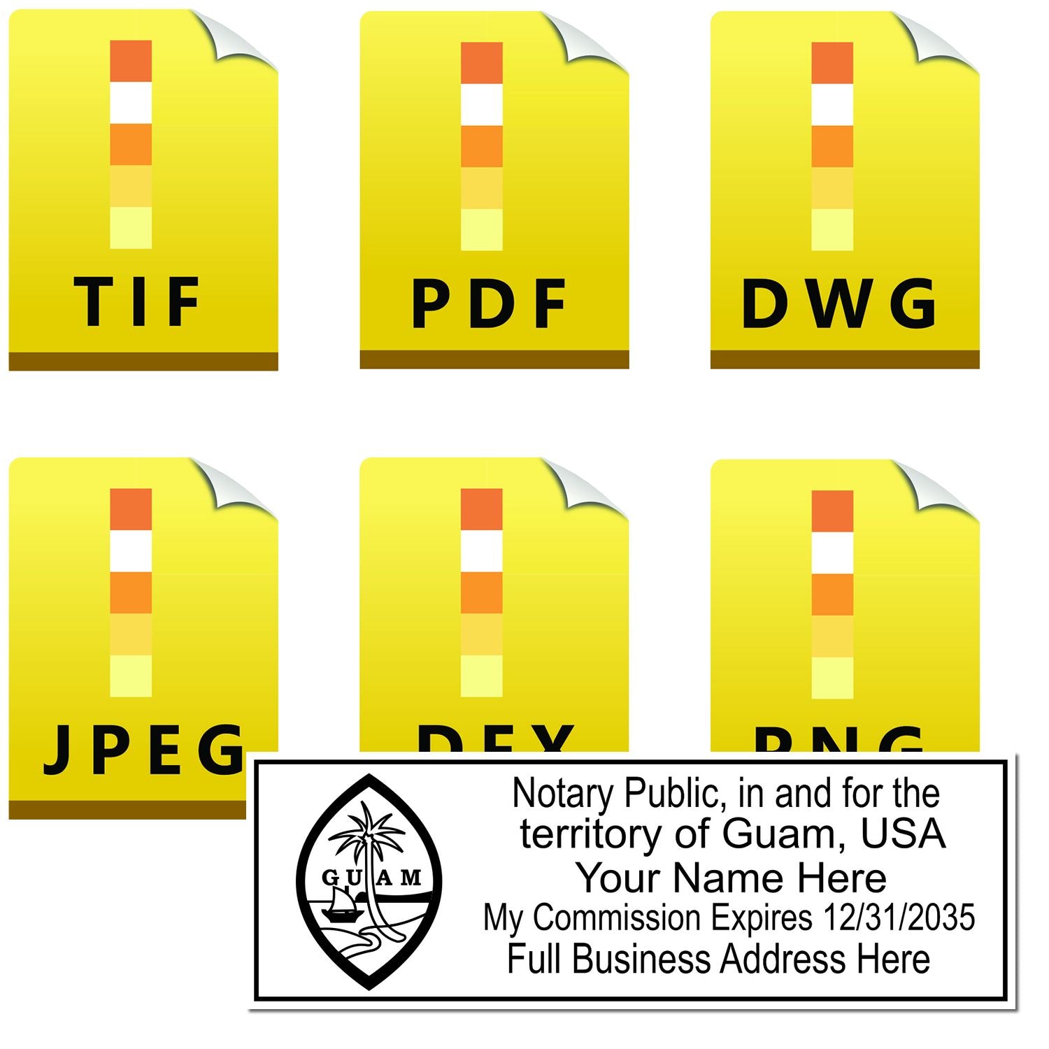 The main image for the Guam Rectangular Digital Notary Seal depicting a sample of the imprint and electronic files